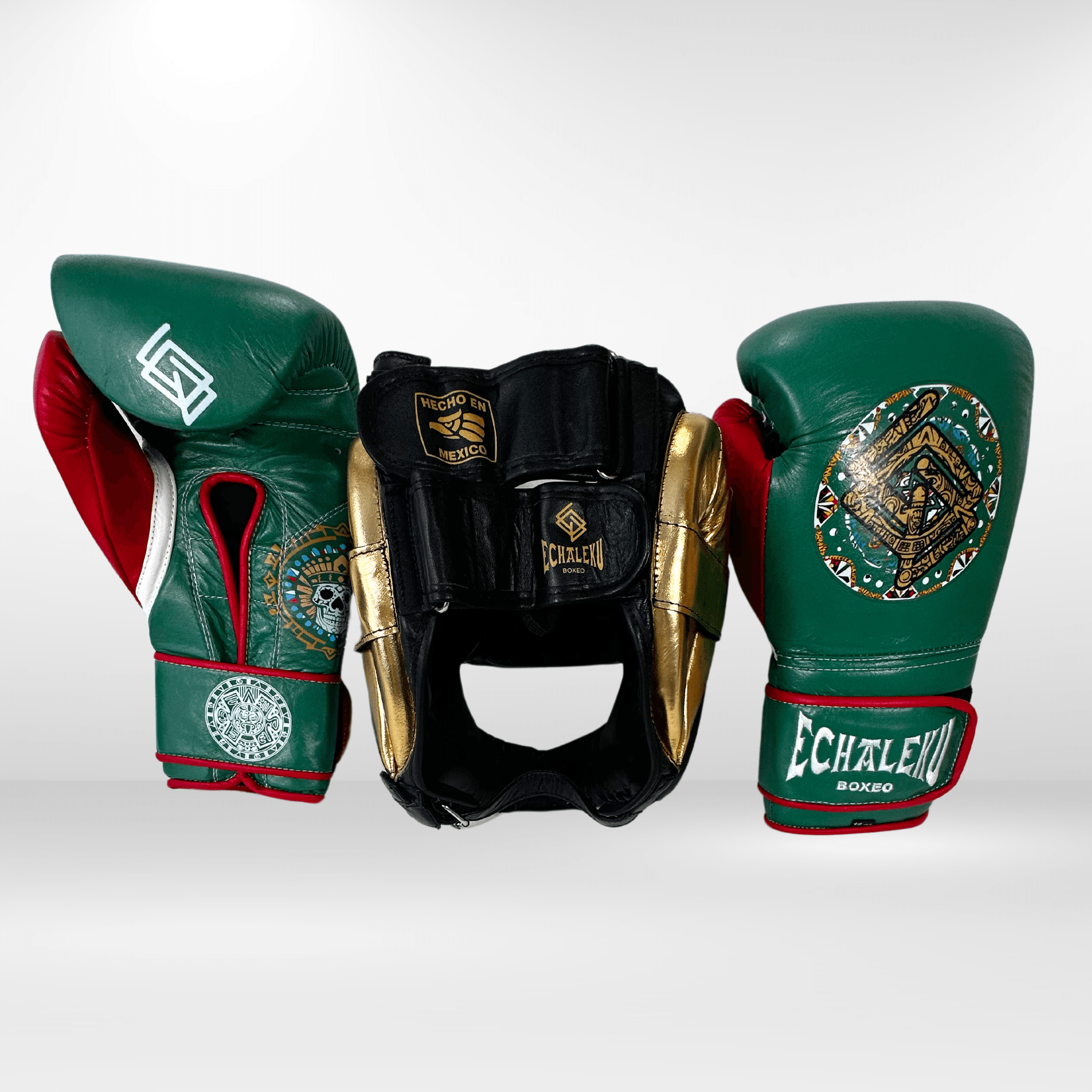 DUPLA Casco Boxeo Barra Piel Negro y Dorado + AZTECA Verde y Rojo - Echaleku Boxeo