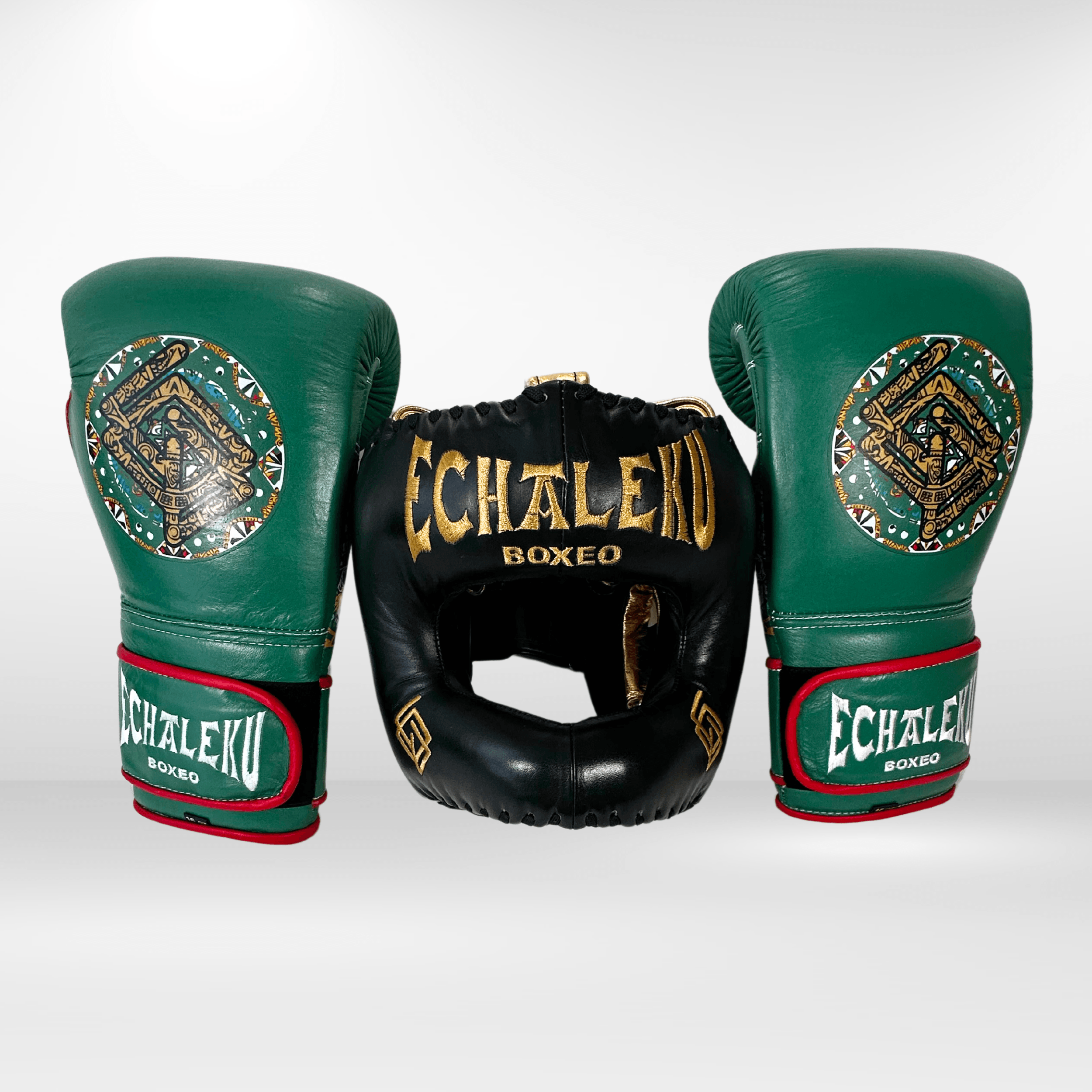 DUPLA Casco Boxeo Barra Piel Negro y Dorado + AZTECA Verde y Rojo - Echaleku Boxeo