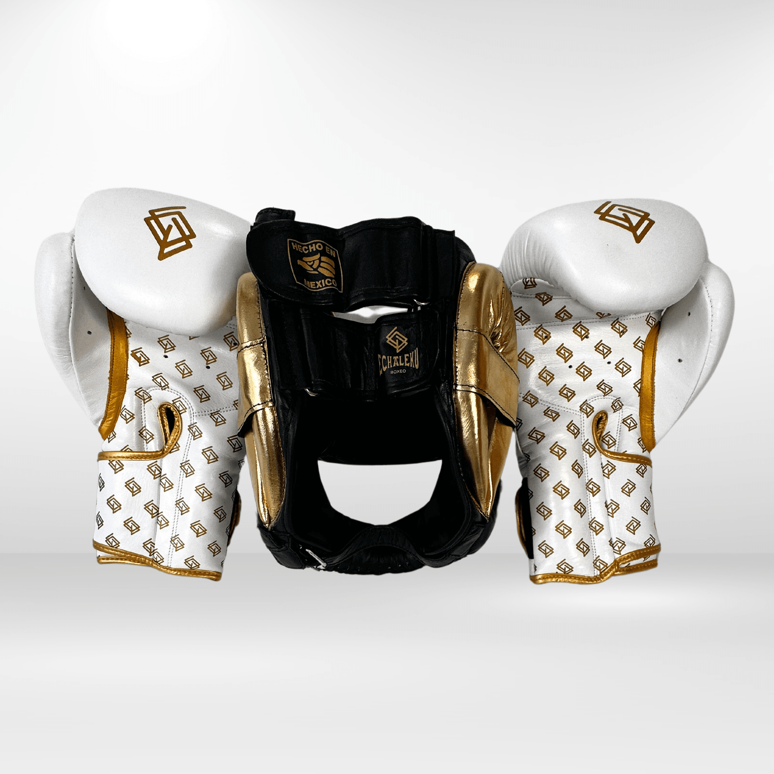 DUPLA Casco Boxeo Barra Piel Negro y Dorado + TFC2024 Blanco y Dorado - Echaleku Boxeo