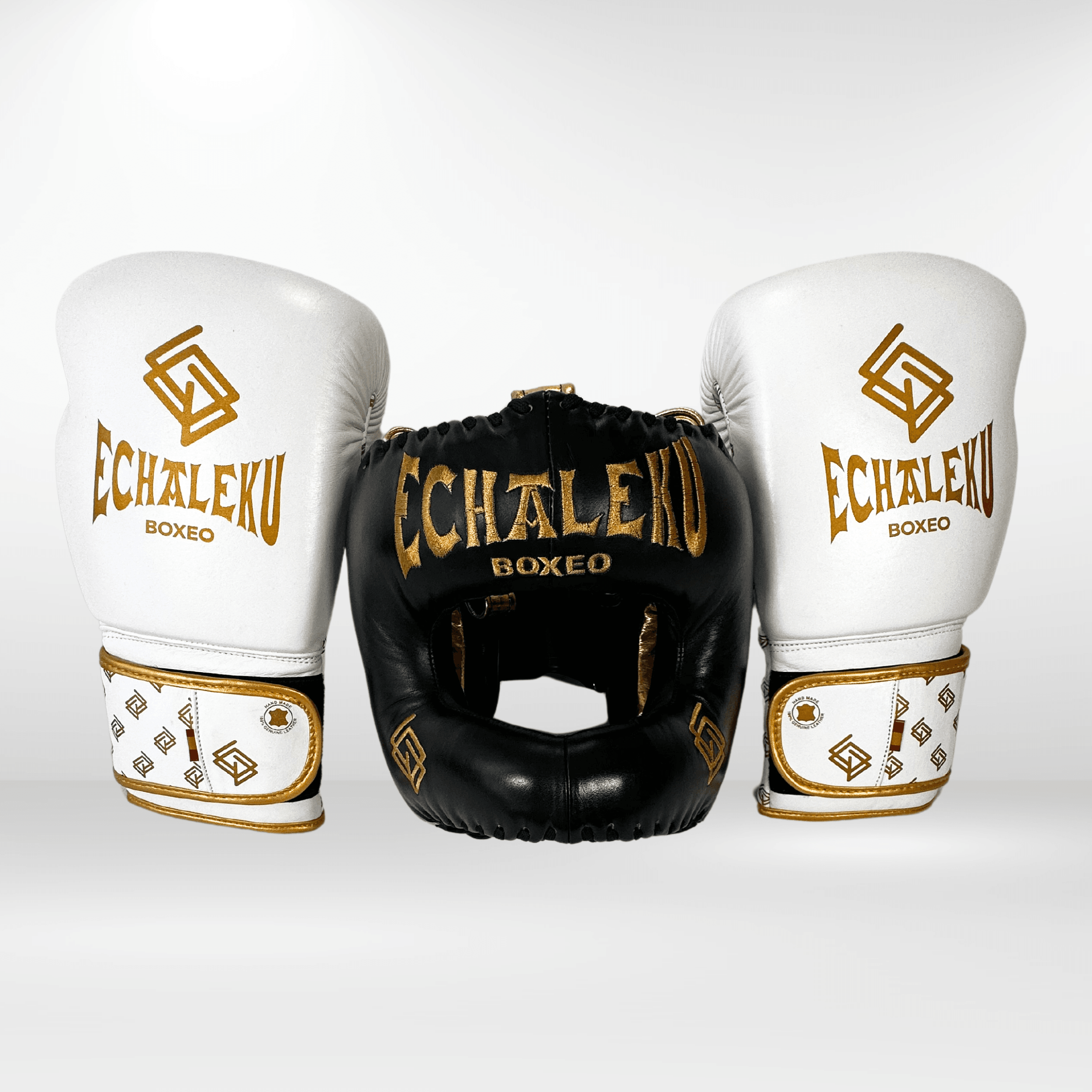 DUPLA Casco Boxeo Barra Piel Negro y Dorado + TFC2024 Blanco y Dorado - Echaleku Boxeo