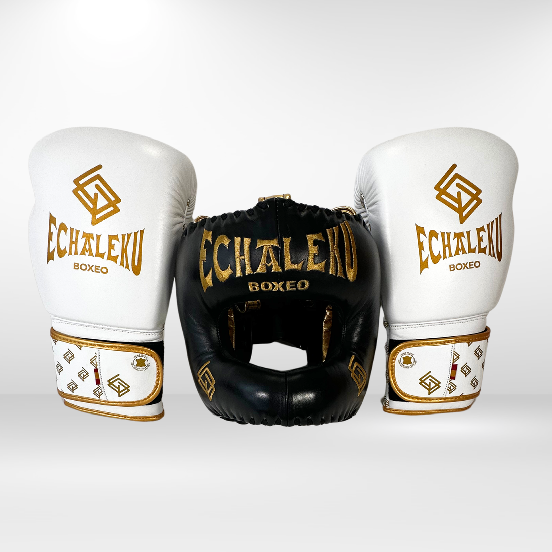 DUPLA Casco Barra Piel Negro y Dorado + TFC2024 Blanco y Dorado - Echaleku Boxeo