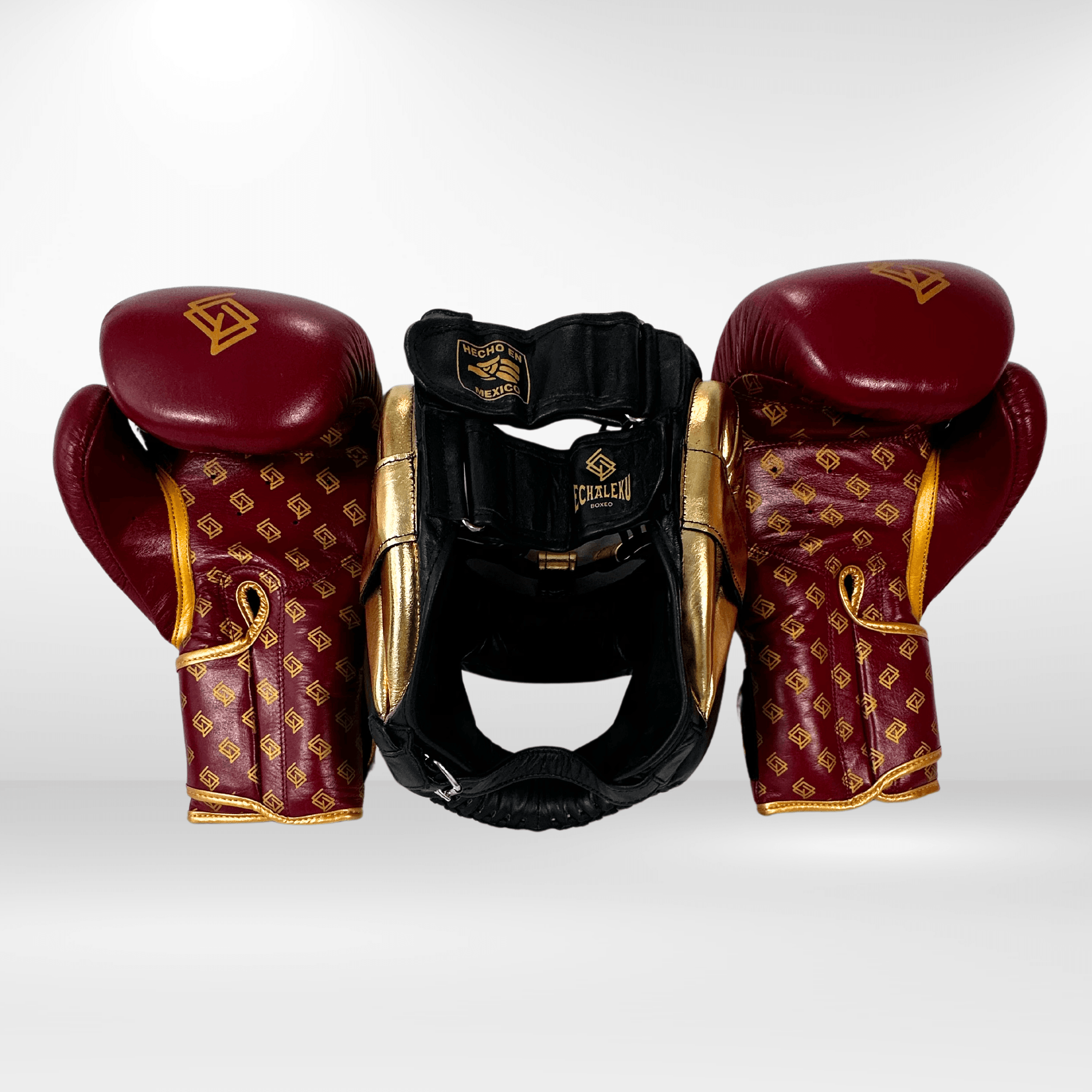 DUPLA Casco Boxeo Barra Piel Negro y Dorado + TFC2024 Burdeos y Dorado - Echaleku Boxeo