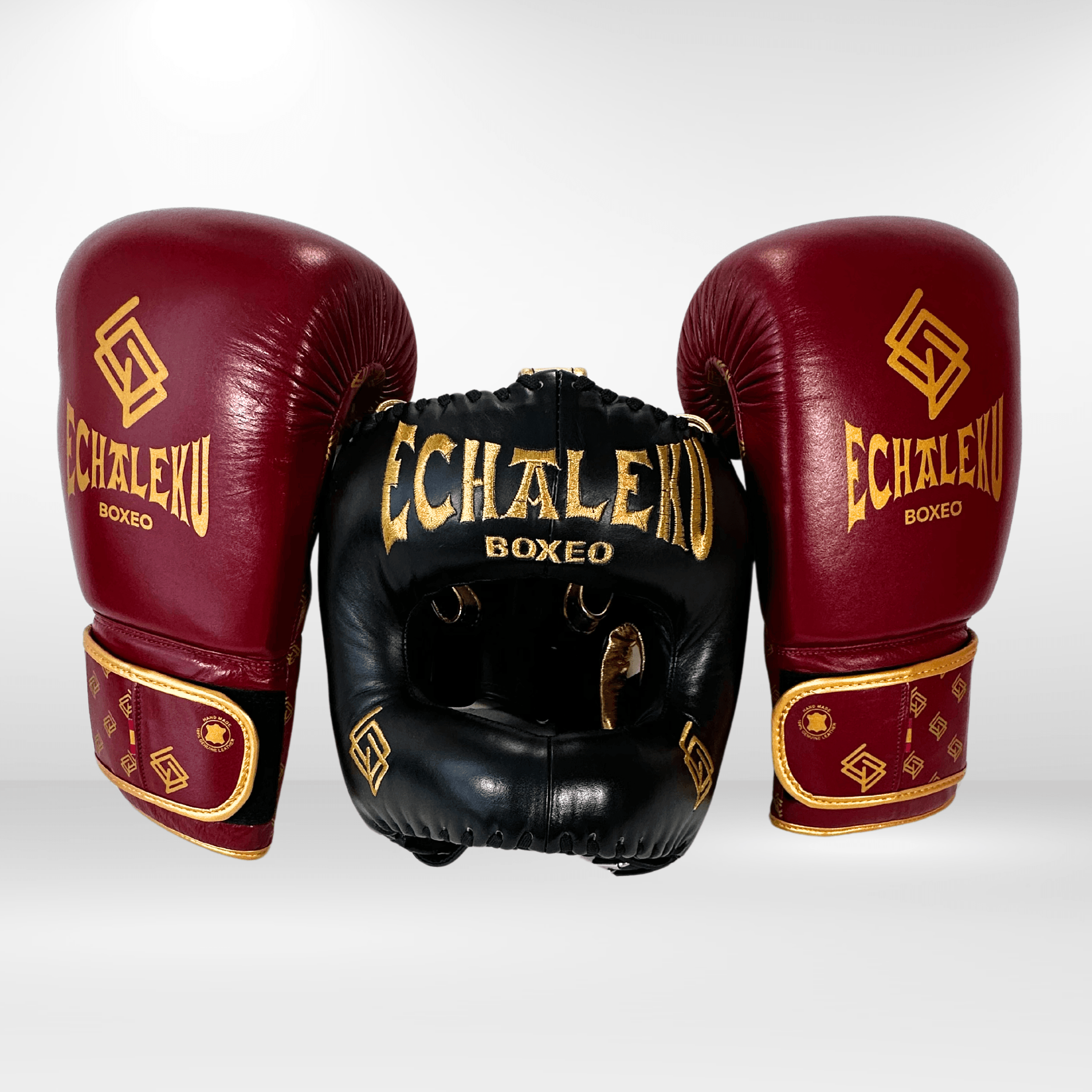DUPLA Casco Boxeo Barra Piel Negro y Dorado + TFC2024 Burdeos y Dorado - Echaleku Boxeo