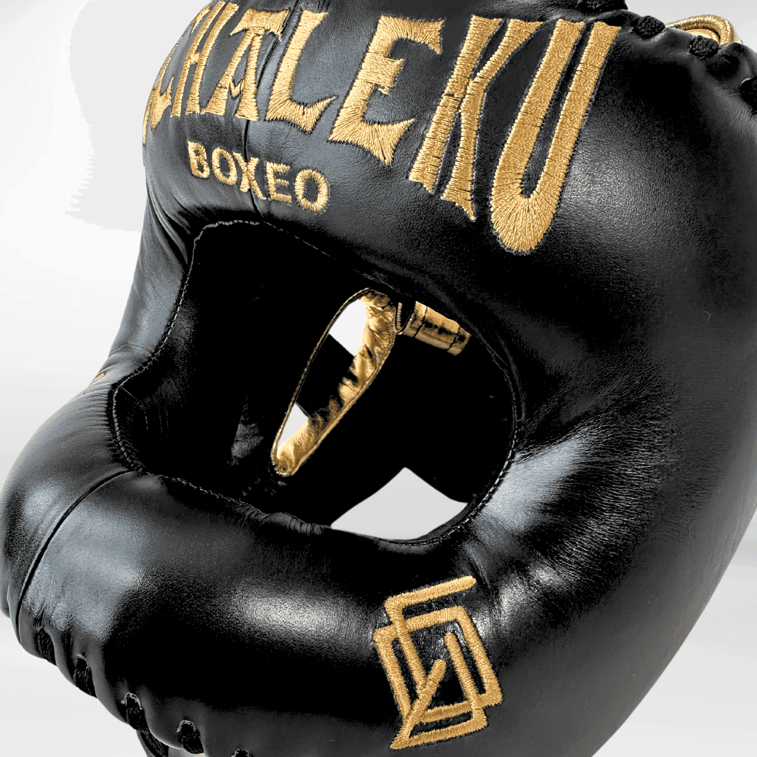 DUPLA Casco Boxeo Barra Piel Negro y Dorado + AZTECA Negro y Blanco - Echaleku Boxeo