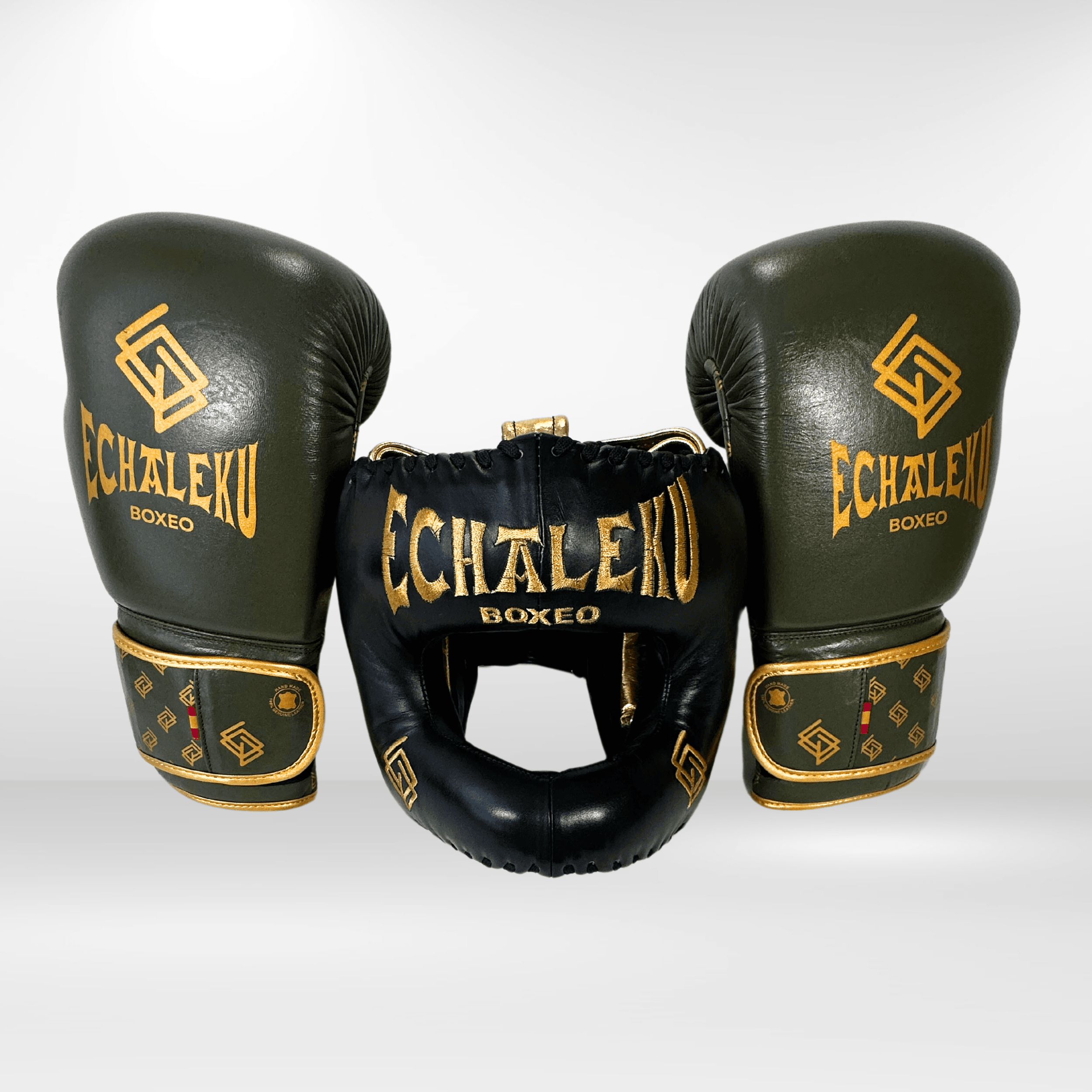 DUPLA Casco Boxeo Barra Piel Negro y Dorado + TFC2024 Verde Militar y Dorado - Echaleku Boxeo