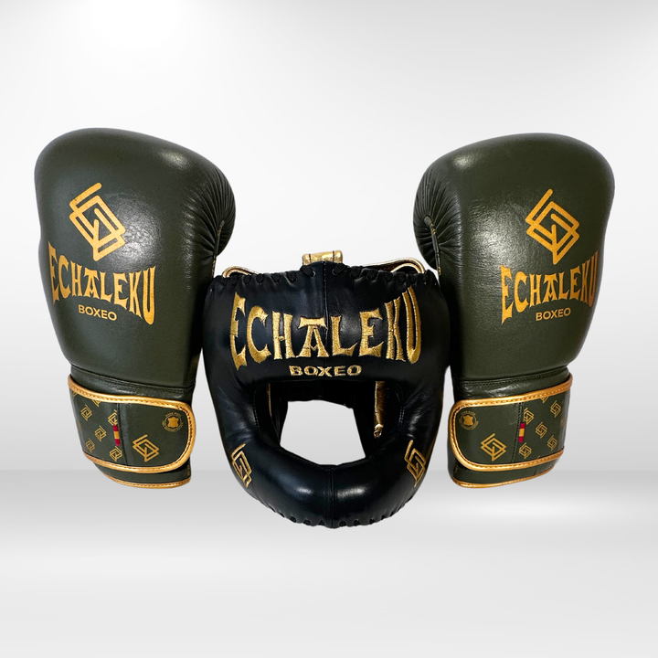 DUPLA Casco Barra Piel Negro y Dorado + TFC2024 Verde Militar y Dorado - Echaleku Boxeo