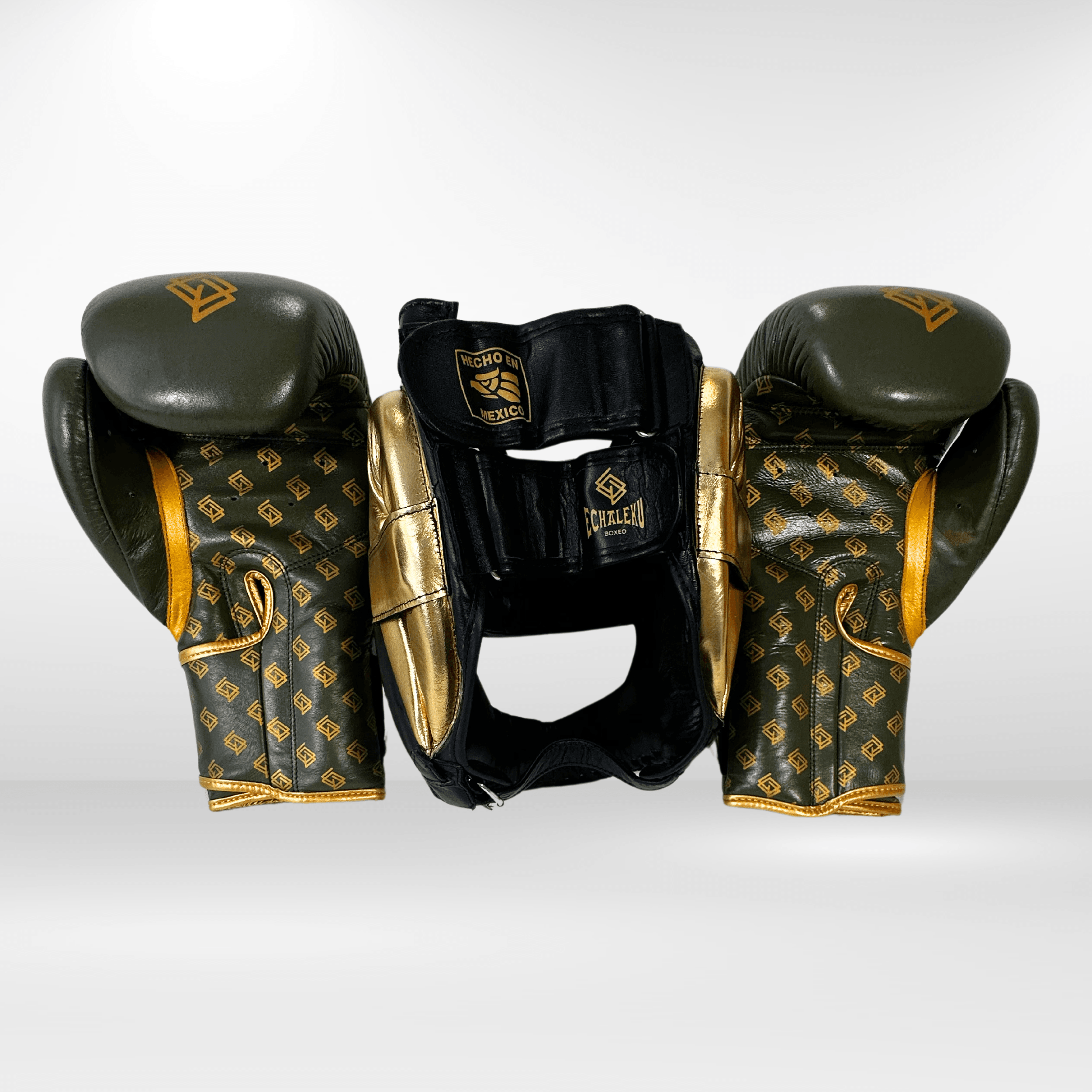 DUPLA Casco Boxeo Barra Piel Negro y Dorado + TFC2024 Verde Militar y Dorado - Echaleku Boxeo