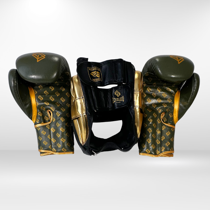 DUPLA Casco Barra Piel Negro y Dorado + TFC2024 Verde Militar y Dorado - Echaleku Boxeo