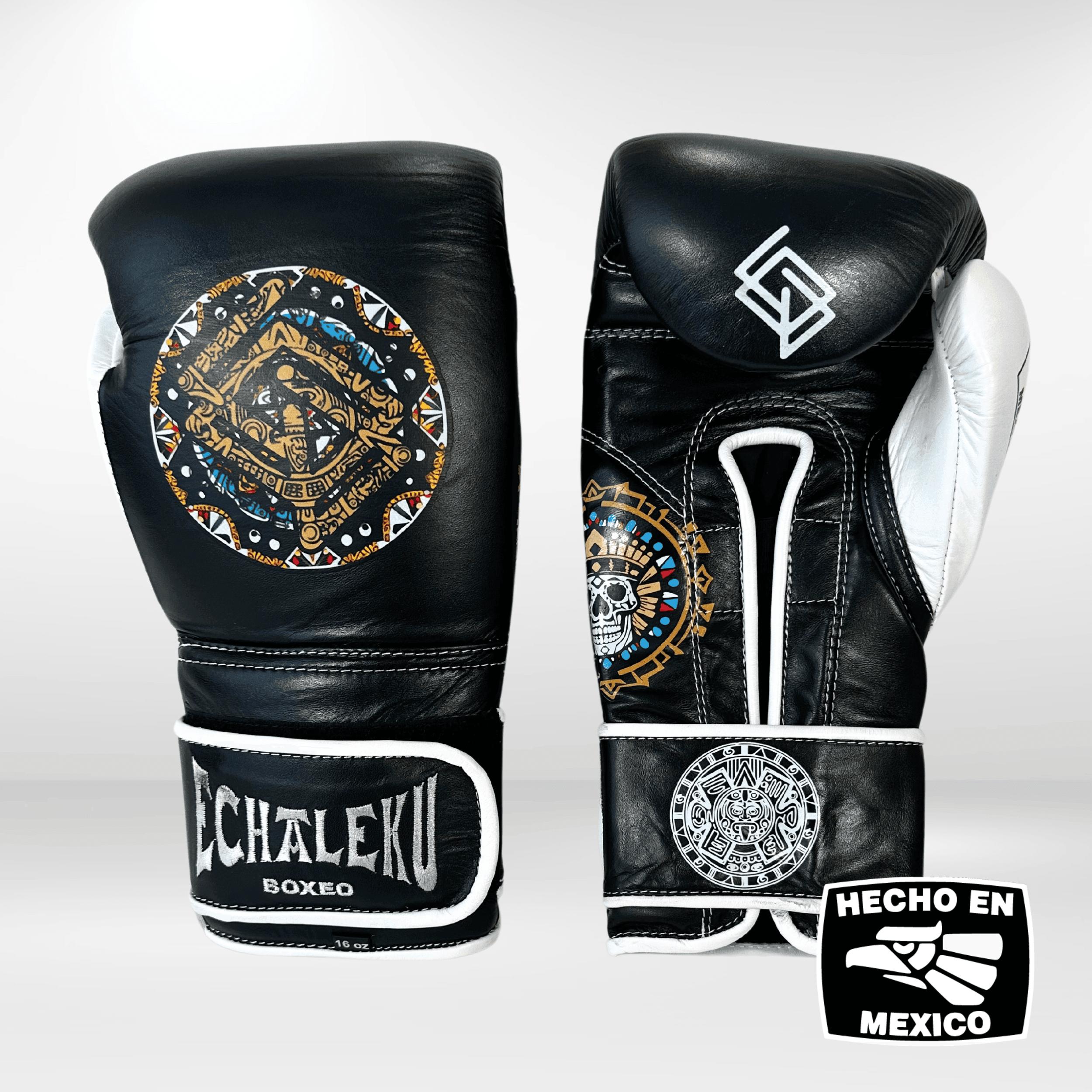 GUANTES PREMIUM ENTRENAMIENTO BOXEO PROFESIONAL: COLECCIÓN AZTECA fabricada en México. Negro Noche Color Negro y Blanco. - Echaleku Boxeo