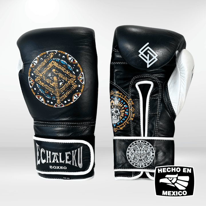 GUANTES PREMIUM ENTRENAMIENTO BOXEO PROFESIONAL: COLECCIÓN AZTECA fabricada en México. Negro Noche Color Negro y Blanco.