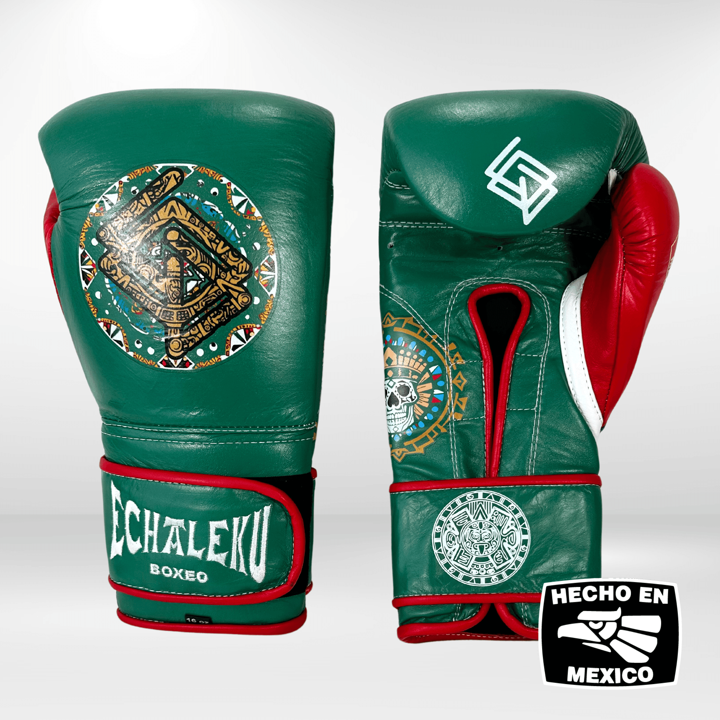 GUANTES PREMIUM ENTRENAMIENTO BOXEO PROFESIONAL: COLECCIÓN AZTECA fabricada en México. Orgullo Mexicano. Color Verde y Rojo. - Echaleku Boxeo