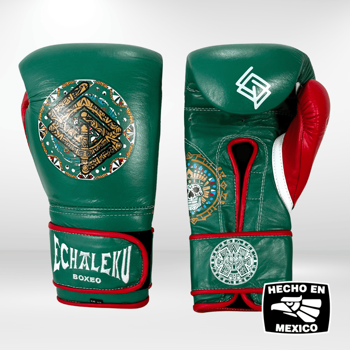 GUANTES PREMIUM ENTRENAMIENTO BOXEO PROFESIONAL: COLECCIÓN AZTECA fabricada en México. Orgullo Mexicano. Color Verde y Rojo.