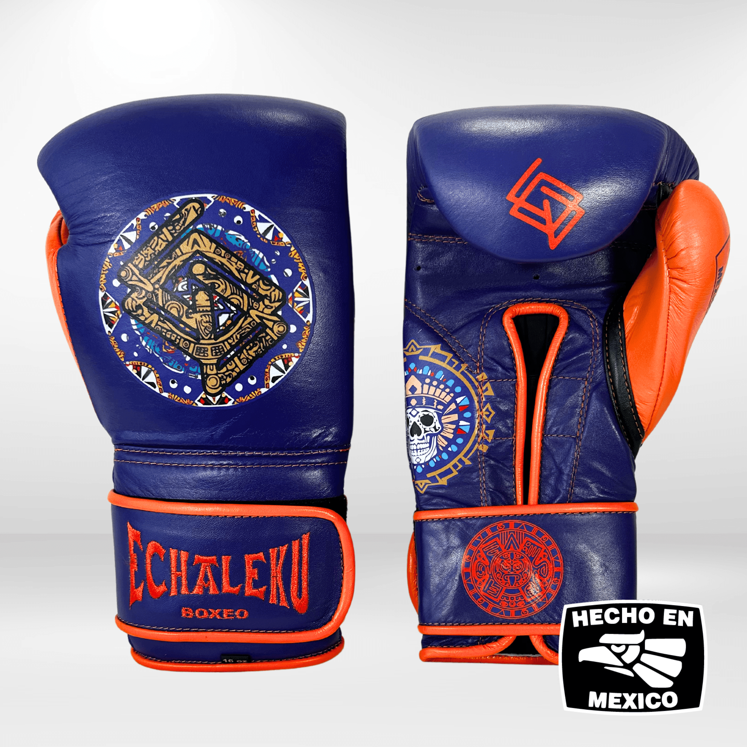 GUANTES PREMIUM ENTRENAMIENTO BOXEO PROFESIONAL: COLECCIÓN AZTECA fabricada en México. Vida y Muerte. Color Morado y Naranja. - Echaleku Boxeo