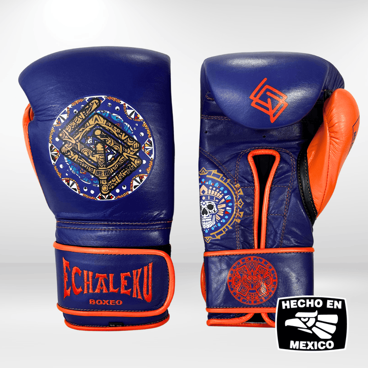 GUANTES PREMIUM ENTRENAMIENTO BOXEO PROFESIONAL: COLECCIÓN AZTECA fabricada en México. Vida y Muerte. Color Morado y Naranja.