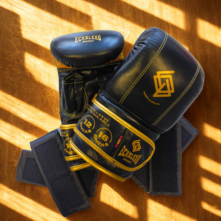 GUANTILLAS BOXEO DE PESO REGULABLE PARA ENTRENAR EN SACO: Negro y Dorado