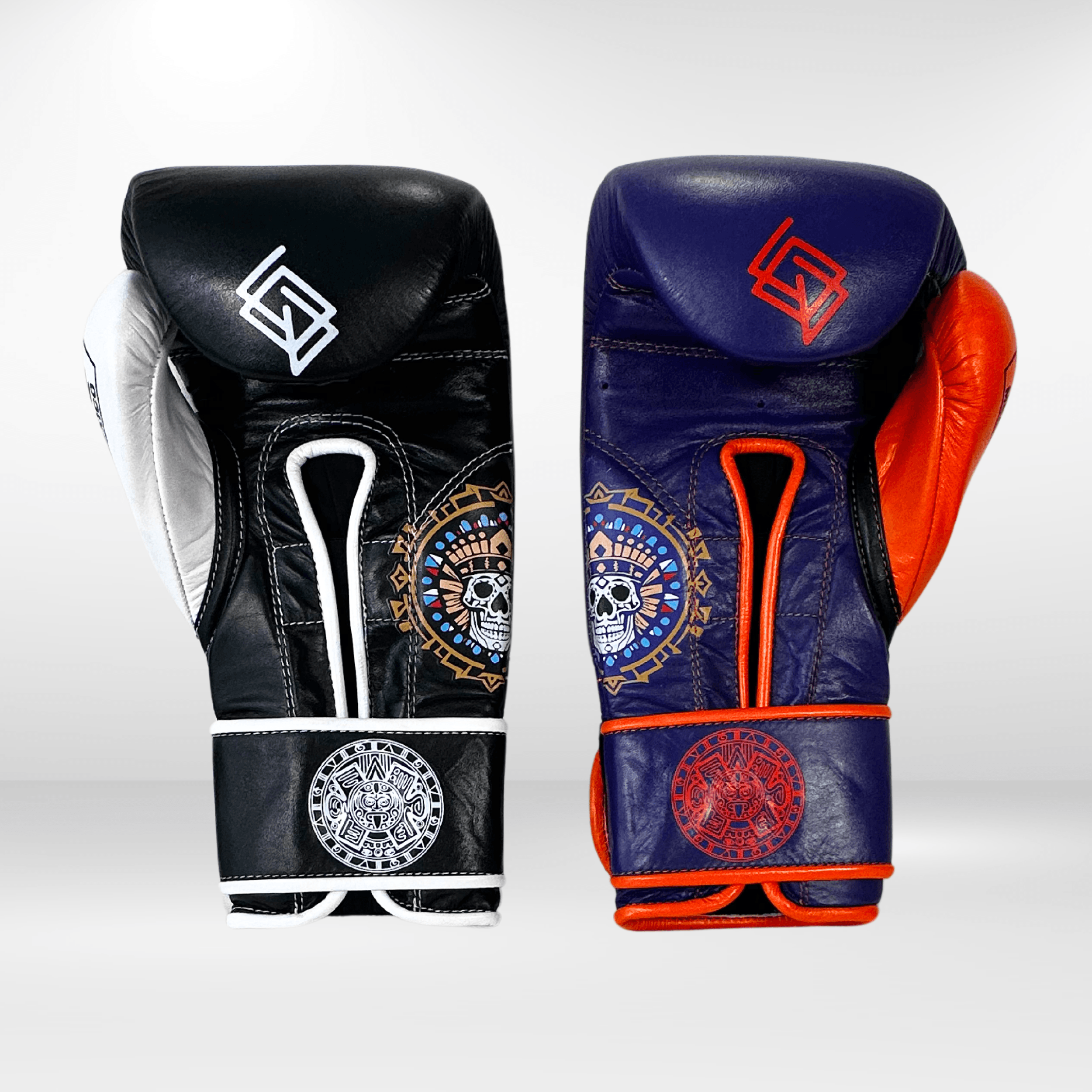 Handmix.GUANTES PREMIUM ENTRENAMIENTO BOXEO PROFESIONAL: COLECCIÓN AZTECA fabricada en México. (AZTECA). Morado y Naranja + Negro y Blanco - Echaleku Boxeo