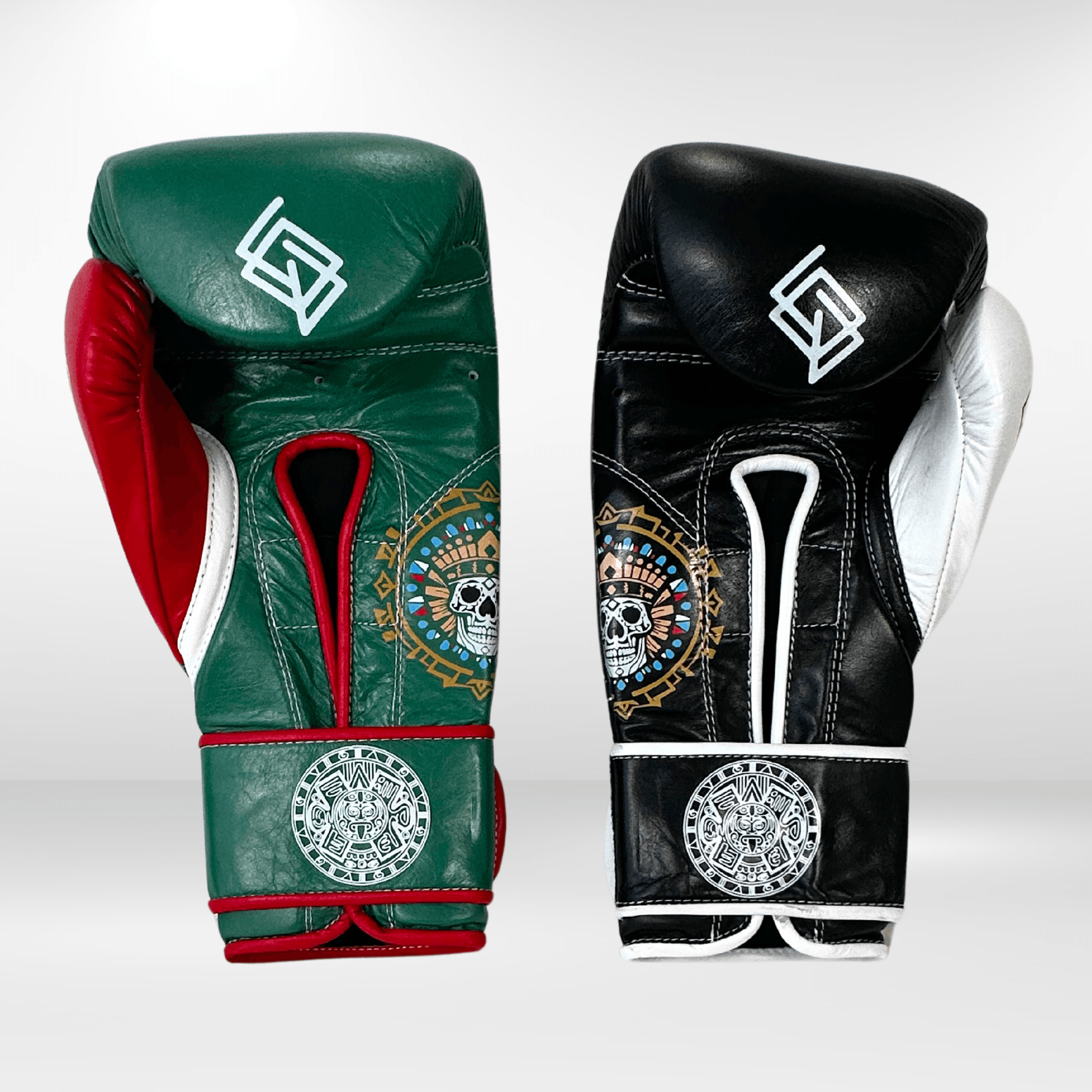 Handmix.GUANTES PREMIUM ENTRENAMIENTO BOXEO PROFESIONAL: COLECCIÓN AZTECA fabricada en México. Negro y Blanco + Verde y Rojo - Echaleku Boxeo