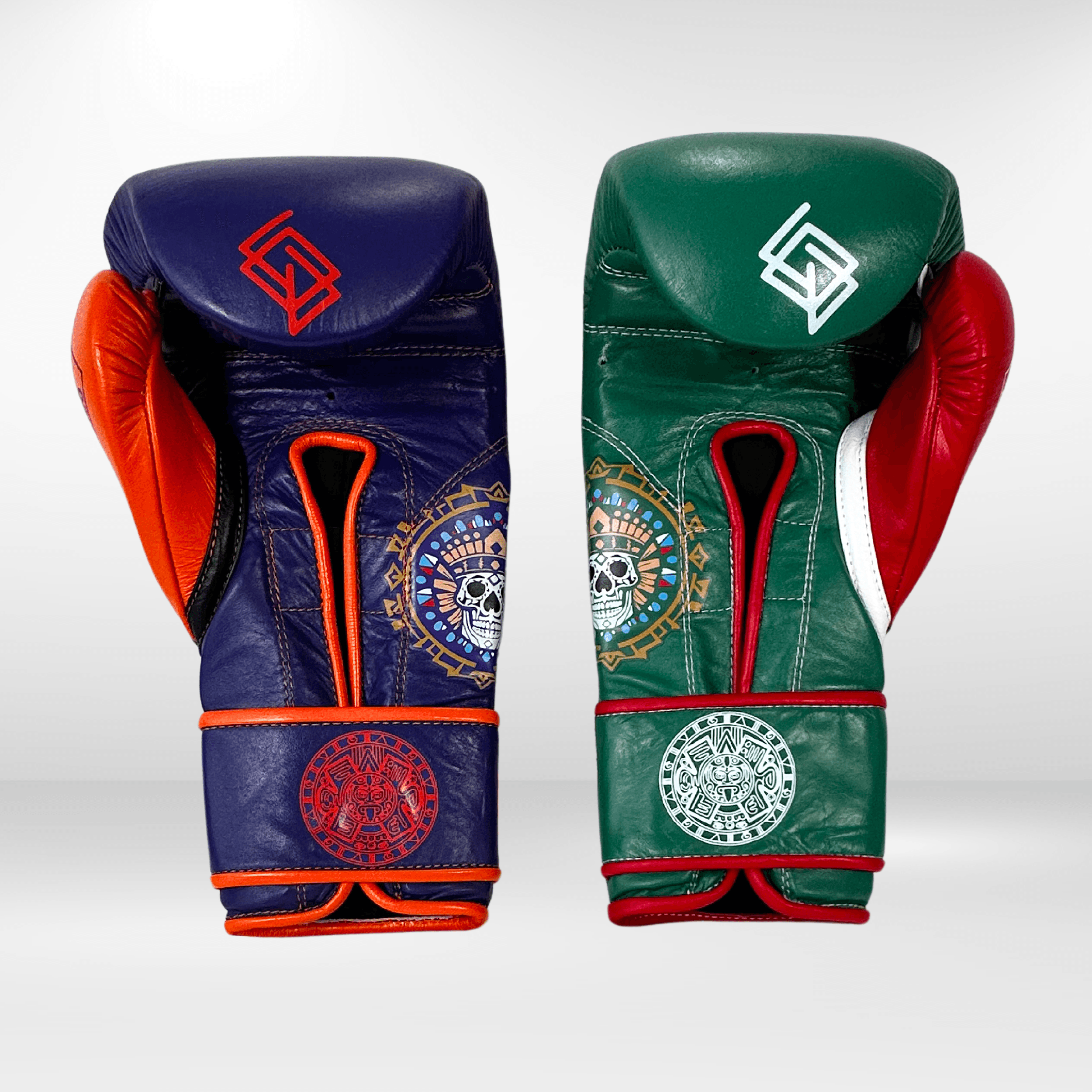 Handmix.GUANTES PREMIUM ENTRENAMIENTO BOXEO PROFESIONAL: COLECCIÓN AZTECA fabricada en México. Verde y Rojo + Morado y Naranja - Echaleku Boxeo