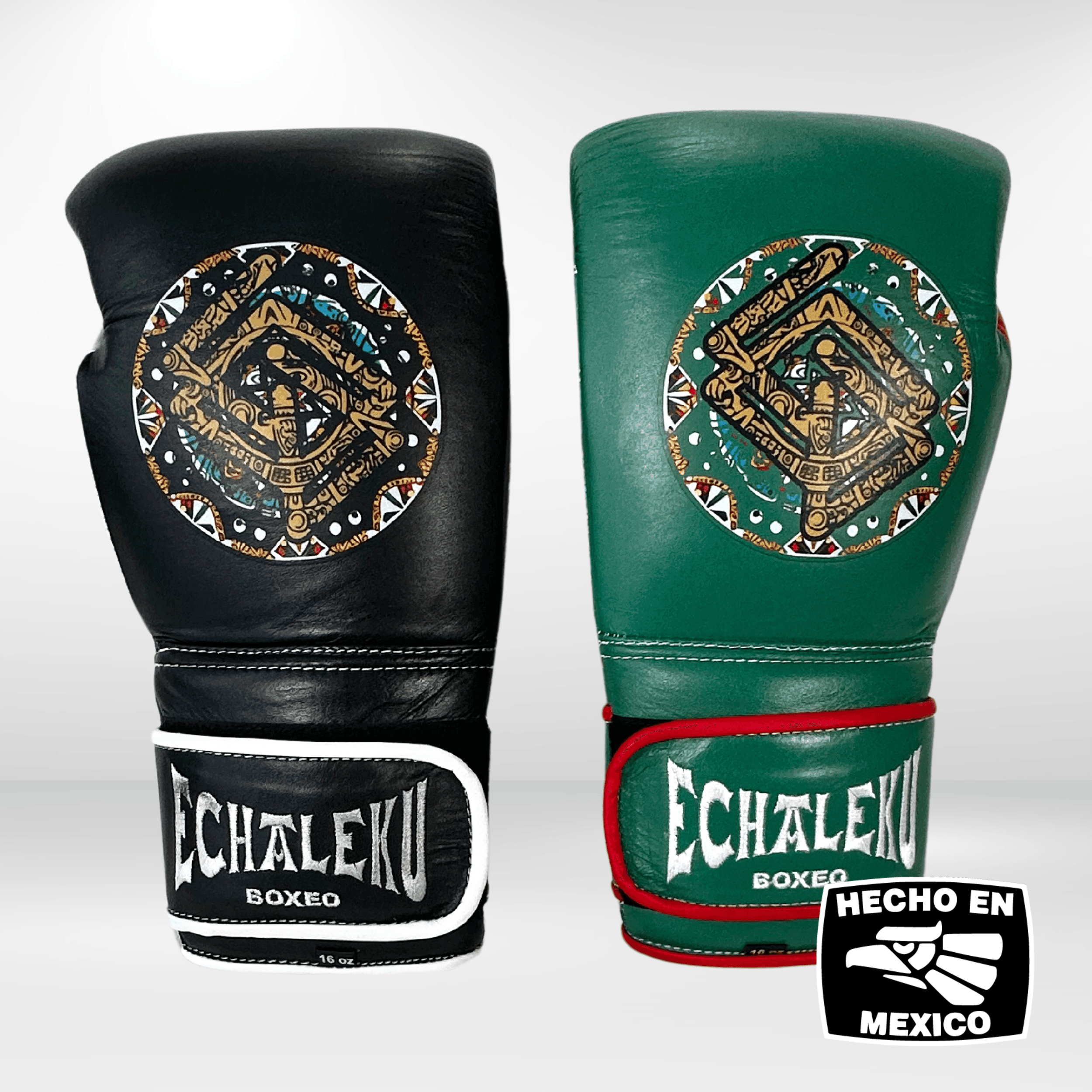 Handmix.GUANTES PREMIUM ENTRENAMIENTO BOXEO PROFESIONAL: COLECCIÓN AZTECA fabricada en México. Negro y Blanco + Verde y Rojo - Echaleku Boxeo
