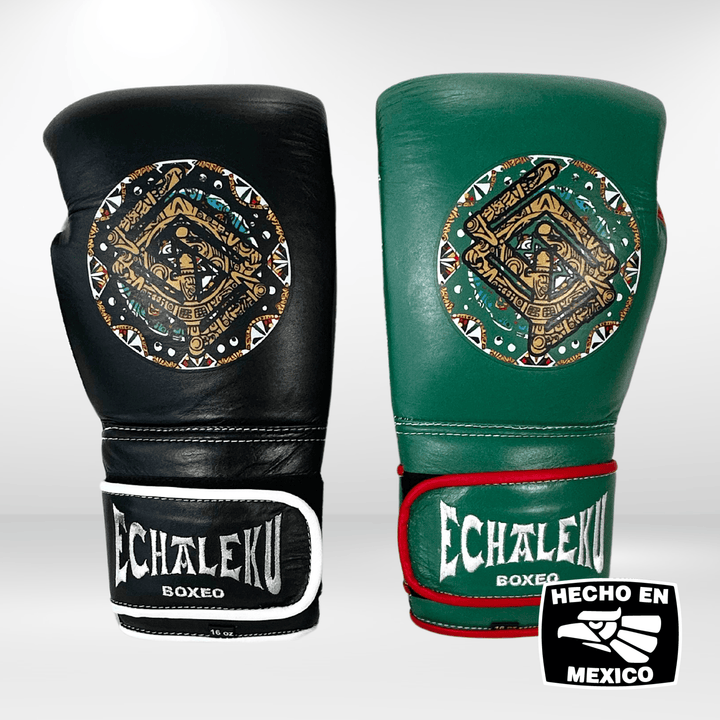 Handmix.GUANTES PREMIUM ENTRENAMIENTO BOXEO PROFESIONAL: COLECCIÓN AZTECA fabricada en México. Negro y Blanco + Verde y Rojo