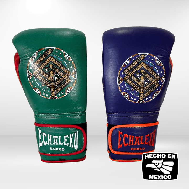 Handmix.GUANTES PREMIUM ENTRENAMIENTO BOXEO PROFESIONAL: COLECCIÓN AZTECA fabricada en México. Verde y Rojo + Morado y Naranja