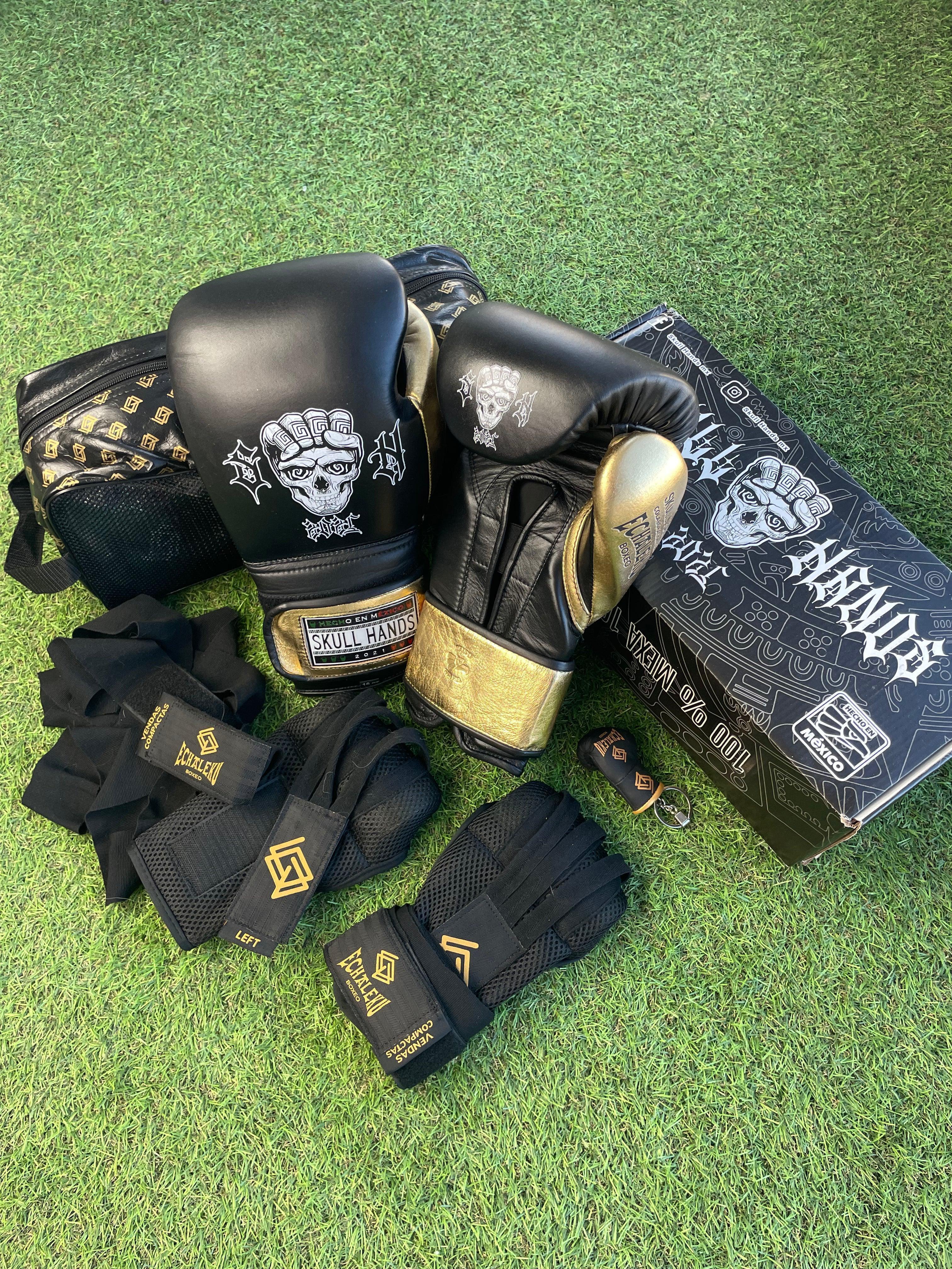Guantes SkullHands 16 onzas entrenamiento profesional. NEGRO/DORADO - Echaleku Boxeo