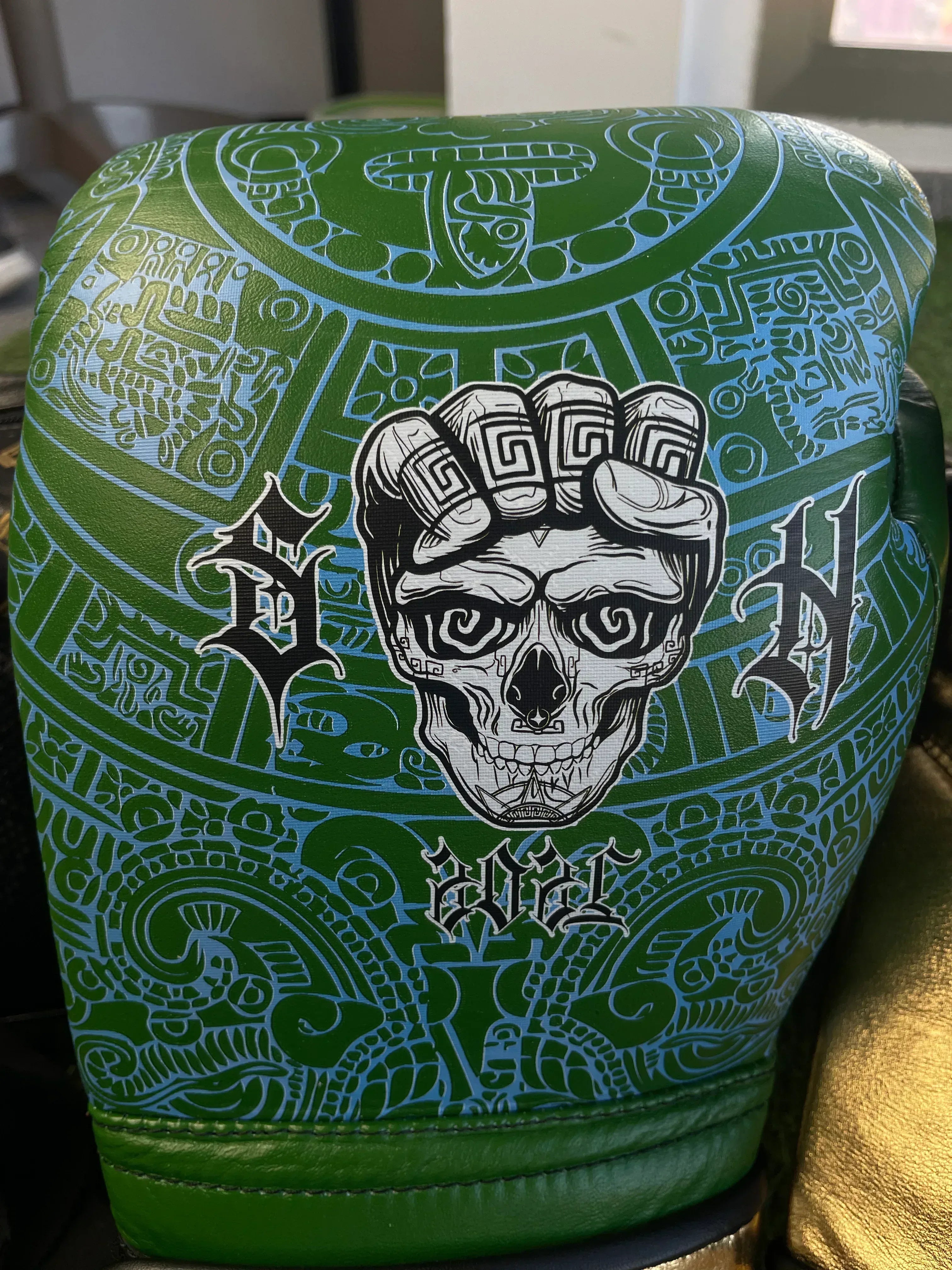 Guantes Skull Hands 16 onzas entrenamiento profesional. VERDE/AZUL/DORADO - Echaleku Boxeo