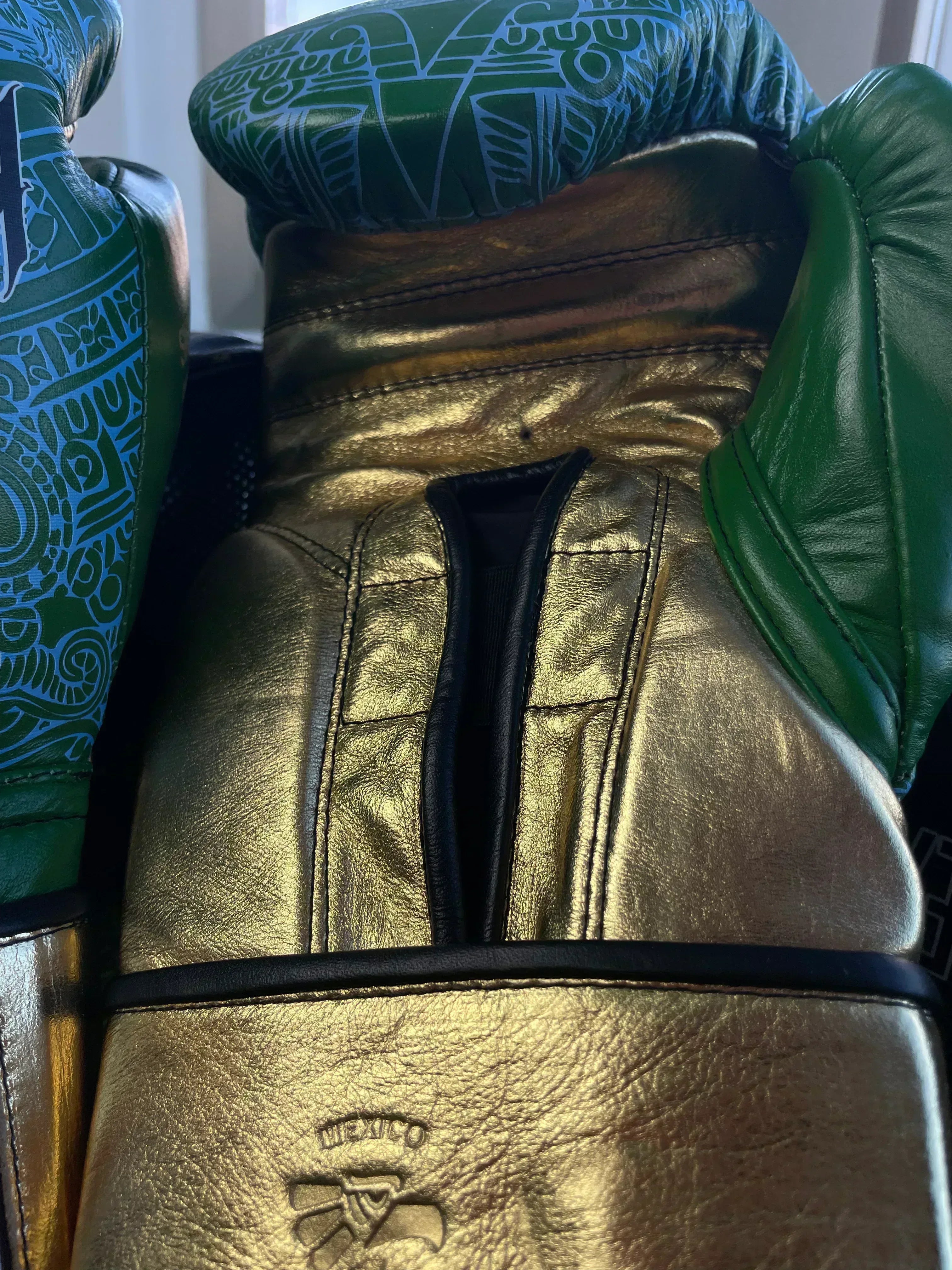 Guantes Skull Hands 16 onzas entrenamiento profesional. VERDE/AZUL/DORADO - Echaleku Boxeo