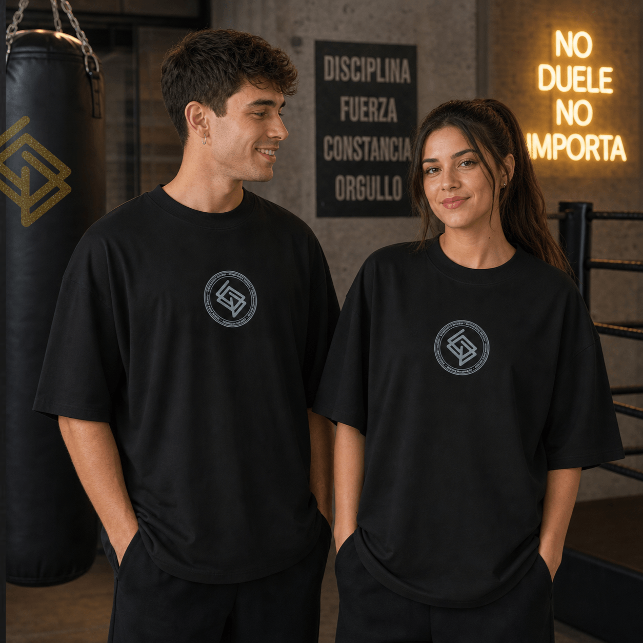 Camiseta Unisex Oversize Color Negro y Logo Bordado Plateado