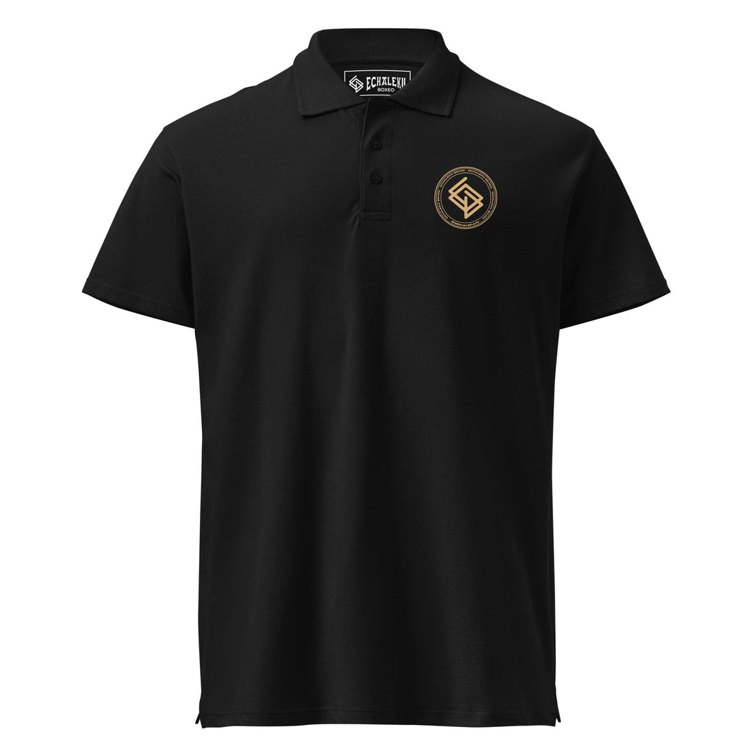 Polo algodón premium UNISEX Casual Negro y Dorado. Logo frontal bordado