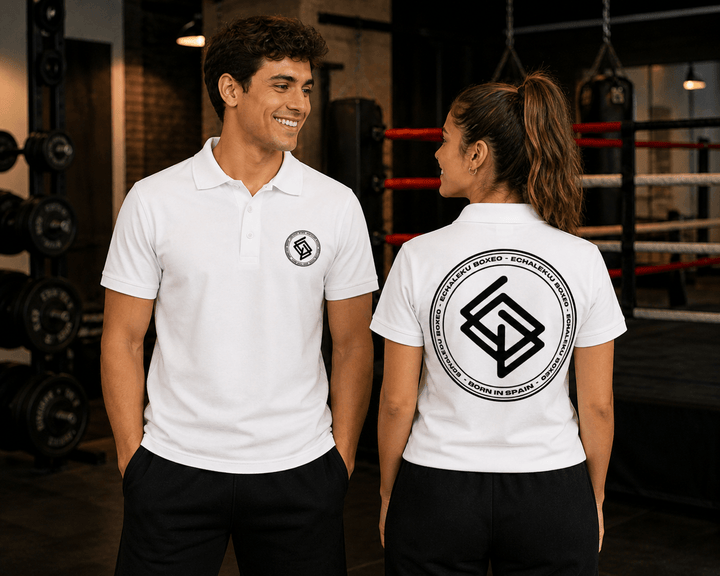 Polo algodón premium UNISEX Casual Blanco y negro. Logo frontal bordado