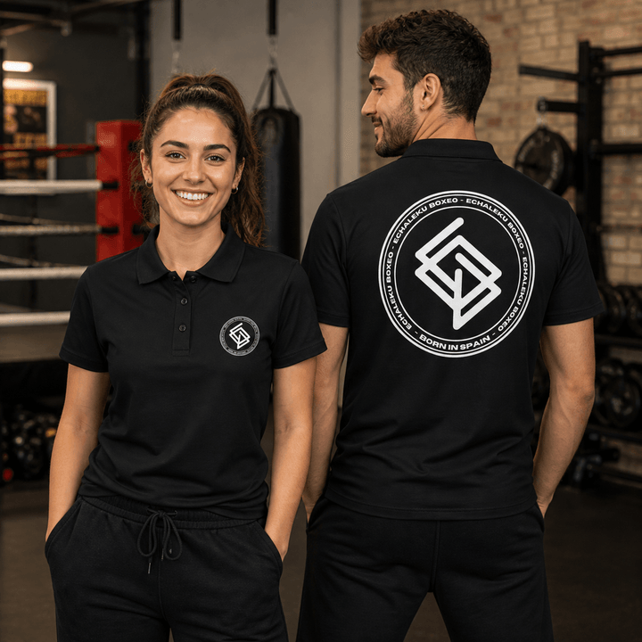 Polo algodón premium UNISEX Casual Negro y blanco. Logo frontal bordado