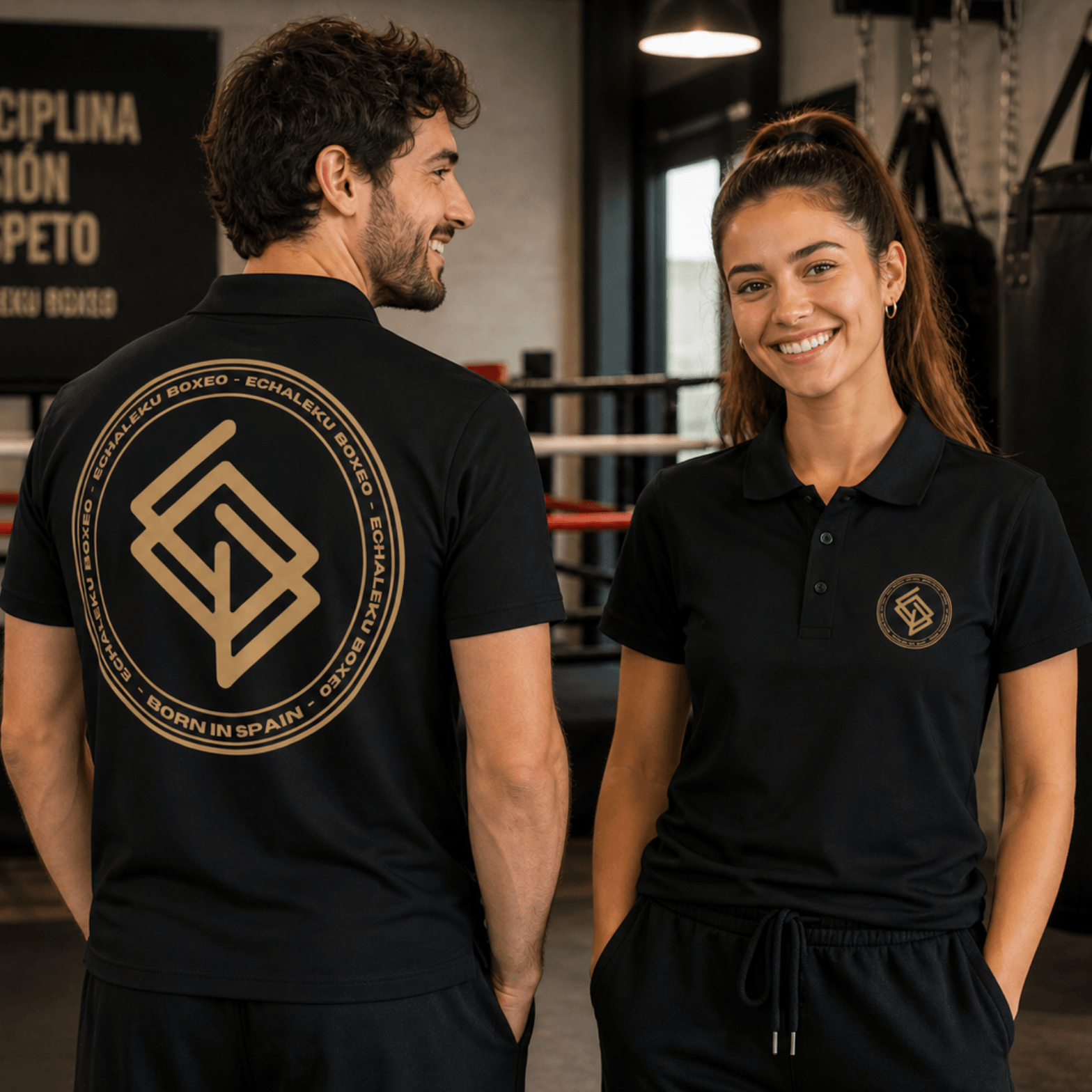 Polo algodón premium UNISEX Casual Negro y Dorado. Logo frontal bordado