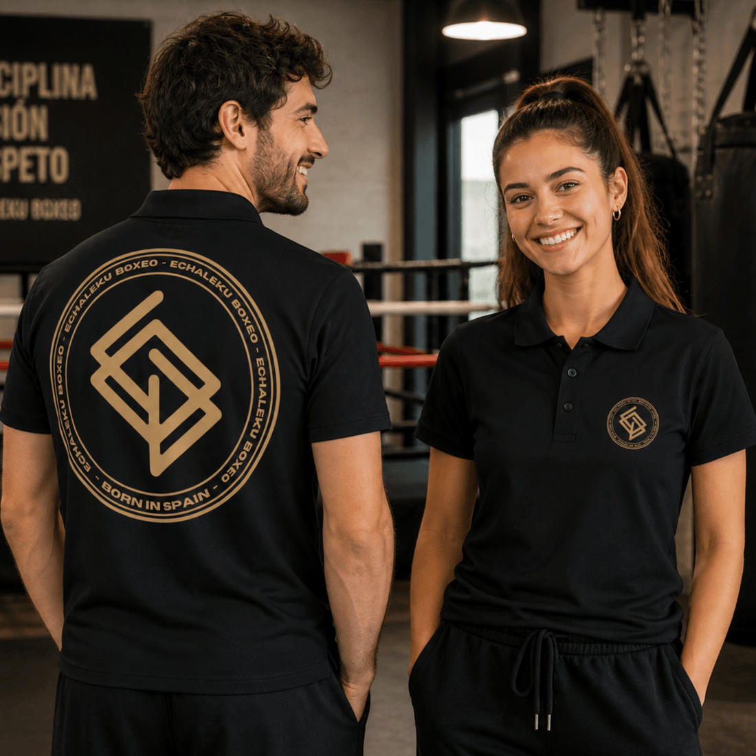 Polo algodón premium UNISEX Casual Negro y Dorado. Logo frontal bordado