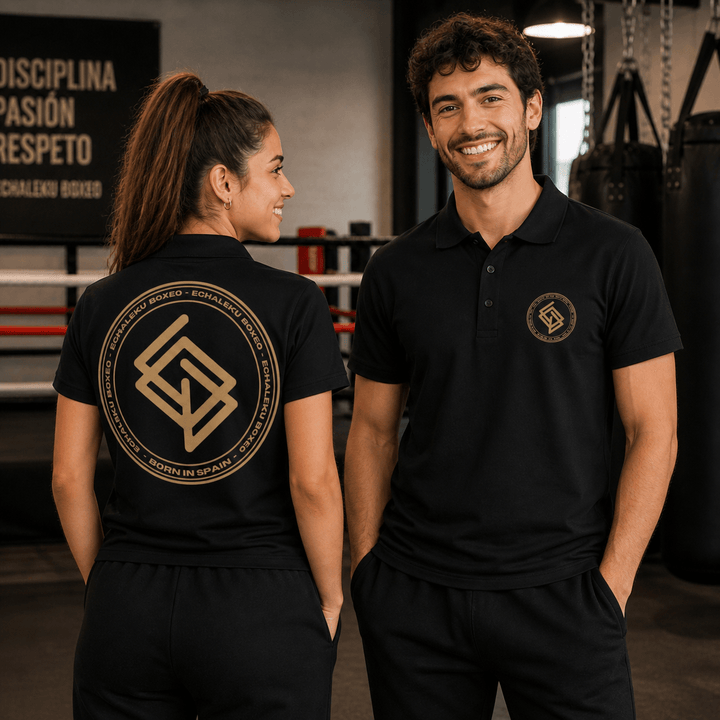 Polo algodón premium UNISEX Casual Negro y Dorado. Logo frontal bordado