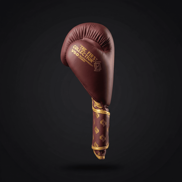 GUANTES BOXEO PREMIUM V5 FORRO 100% WATERPROOF: Original. Burdeos y Dorado (Reserva con entrega en julio)