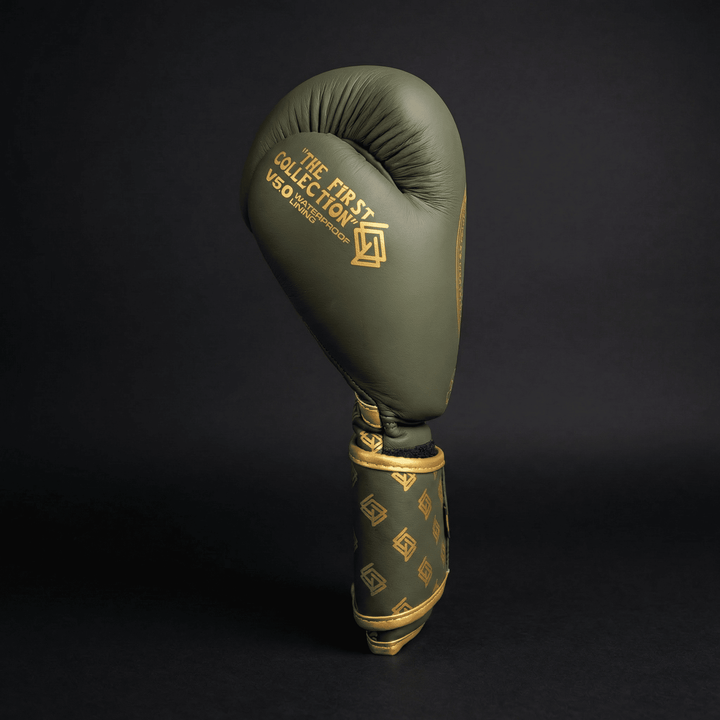 GUANTES BOXEO PREMIUM V5 FORRO 100% WATERPROOF: Military. Verde Militar y Dorado (Reserva con entrega en julio)