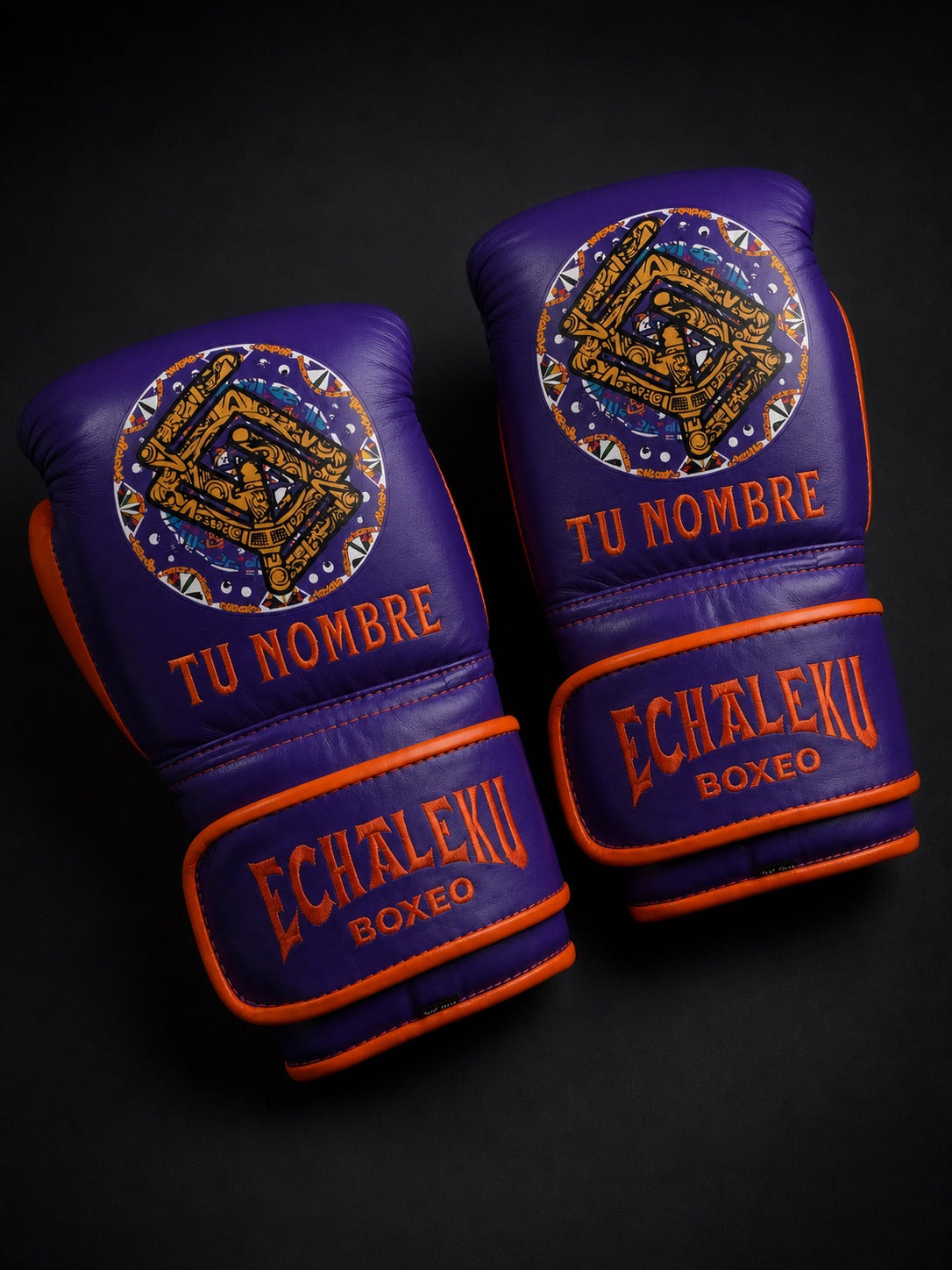 Guantes de Boxeo Azteca personalizados Echaleku Boxeo en morado y naranja con bordado TU NOMBRE