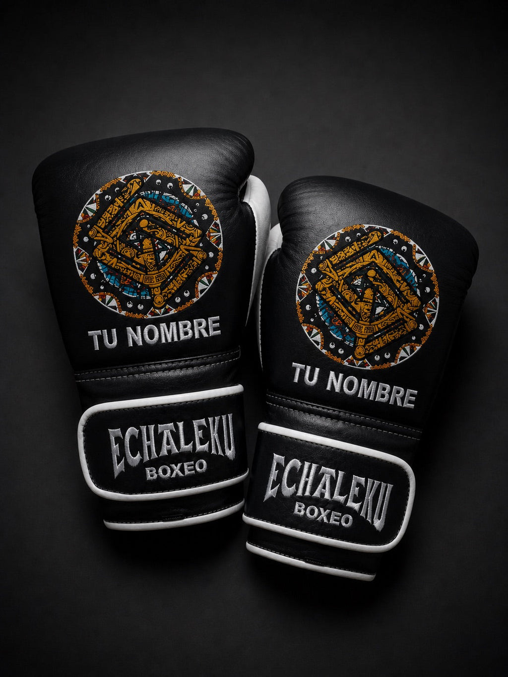 Guantes de Boxeo Azteca personalizados Echaleku Boxeo en negro y blanco con bordado TU NOMBRE