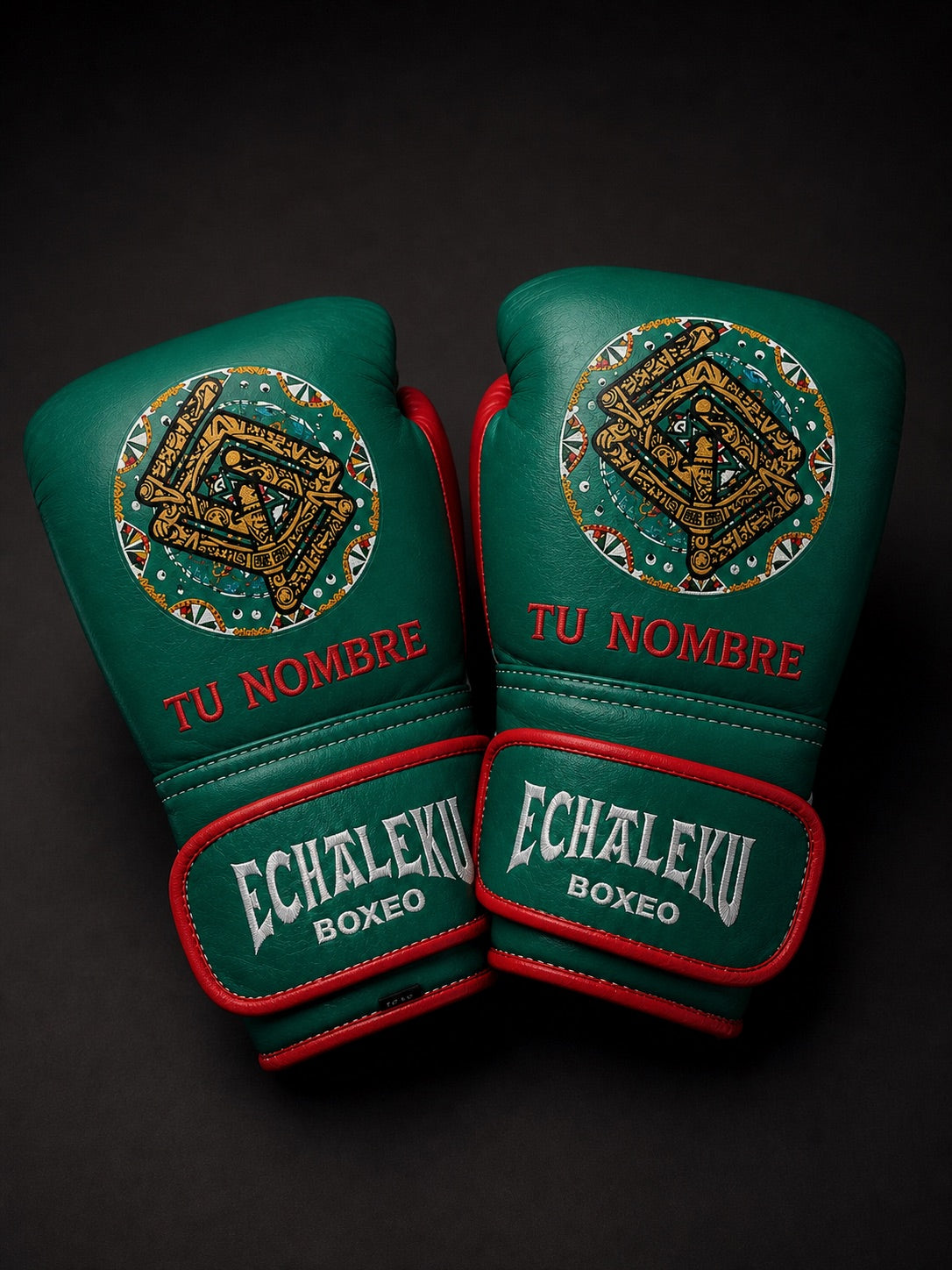 Guantes de Boxeo Azteca personalizados Echaleku Boxeo en verde y rojo con bordado TU NOMBRE