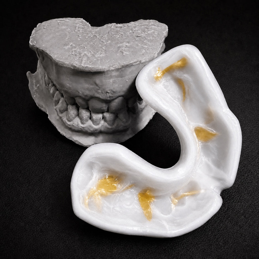 Interior del protector bucal blanco a medida con molde dental gris