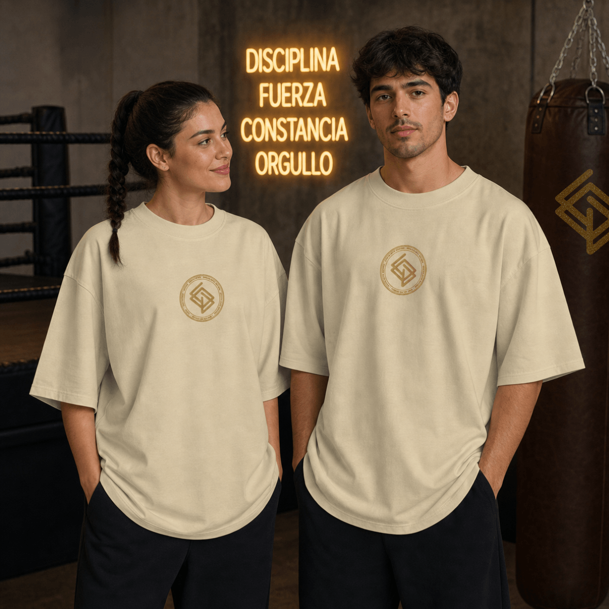 Camiseta Unisex Oversize color piedra y Logo Bordado Dorado