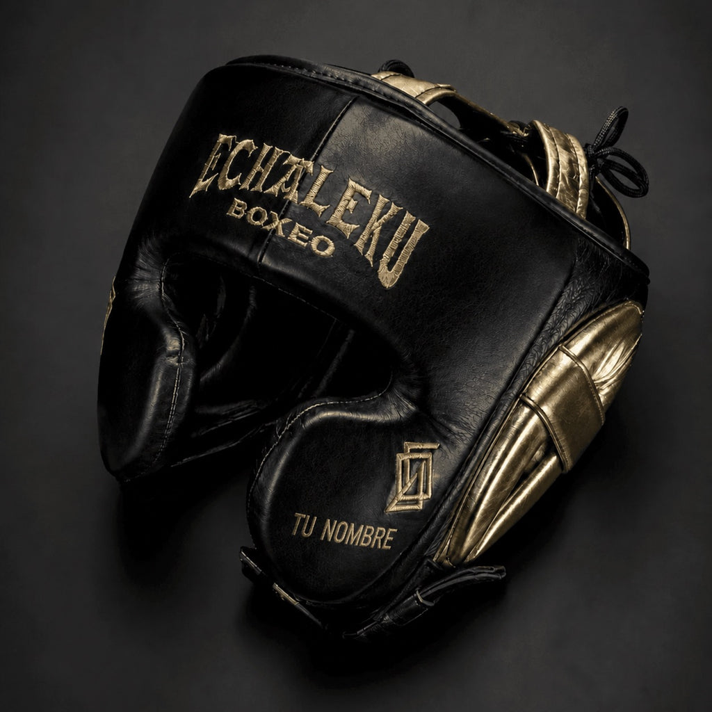 Casco de boxeo de pómulos personalizado Echaleku Boxeo negro y oro con TU NOMBRE