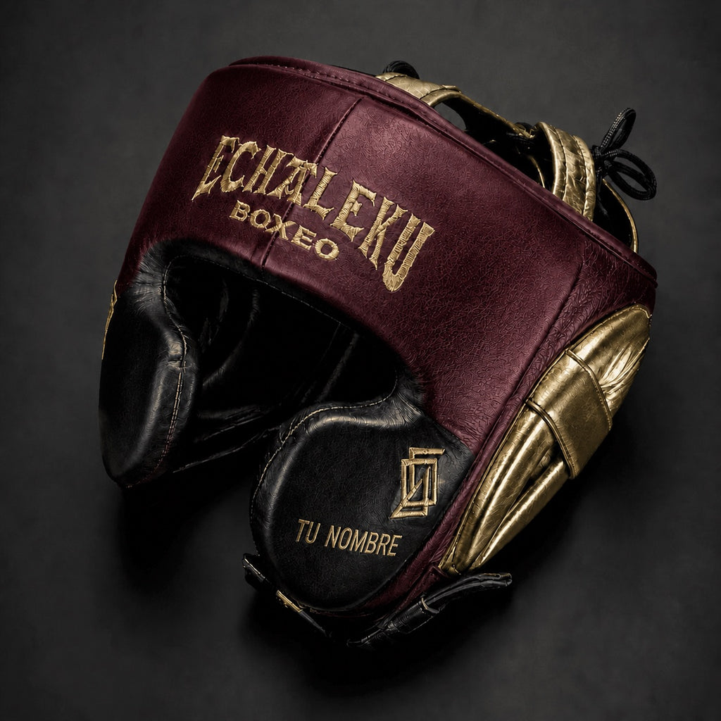 Casco de boxeo de pómulos personalizado Echaleku Boxeo burdeos, negro y oro con TU NOMBRE