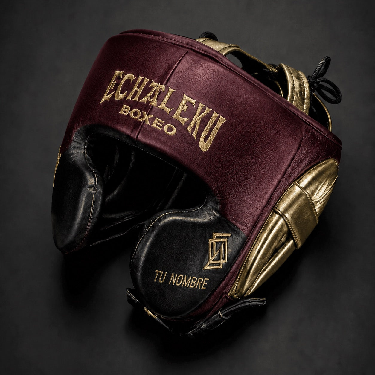 Casco de boxeo de pómulos personalizado Echaleku Boxeo burdeos, negro y oro con TU NOMBRE