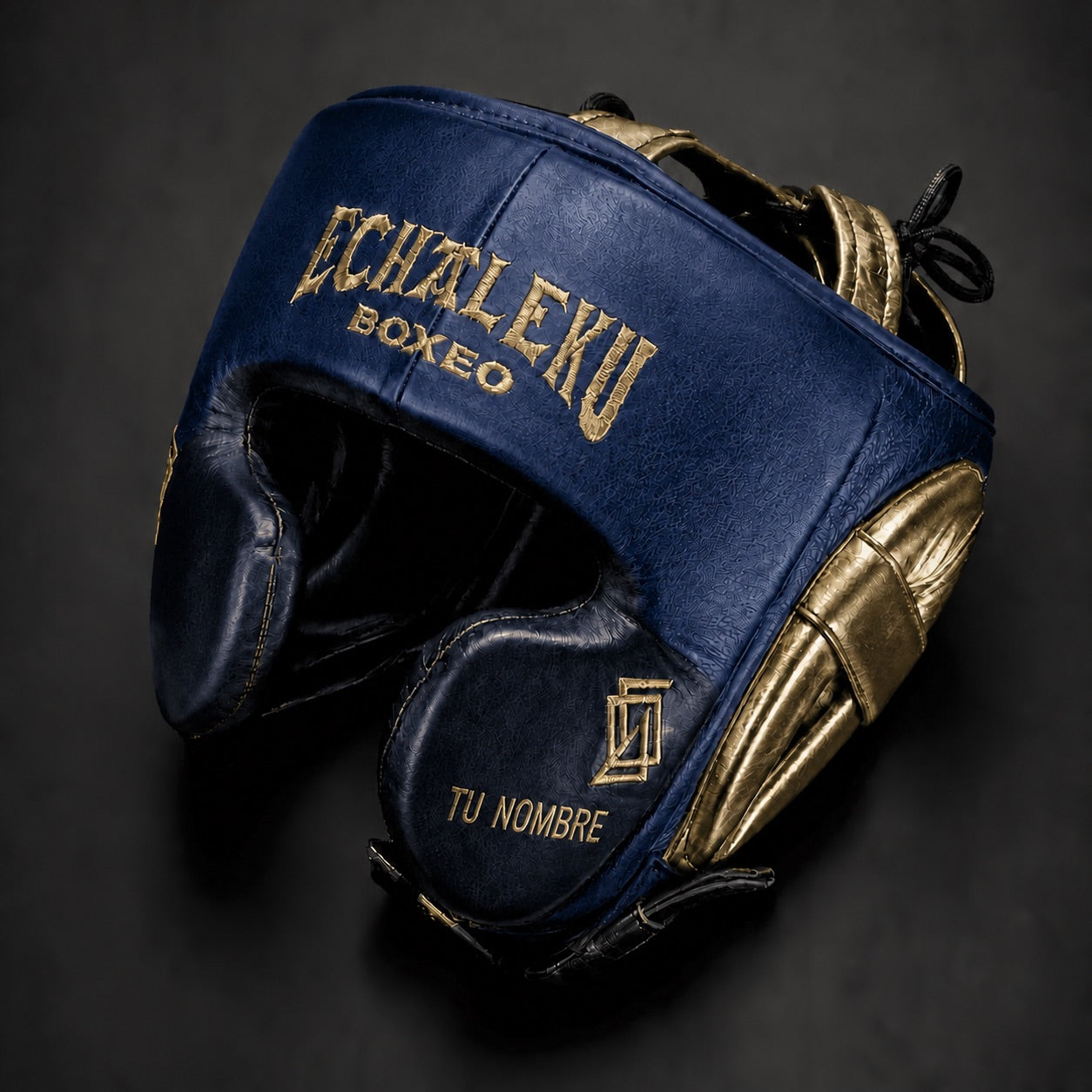 Casco de boxeo de pómulos personalizado Echaleku Boxeo azul zafiro, azul noche y oro con TU NOMBRE