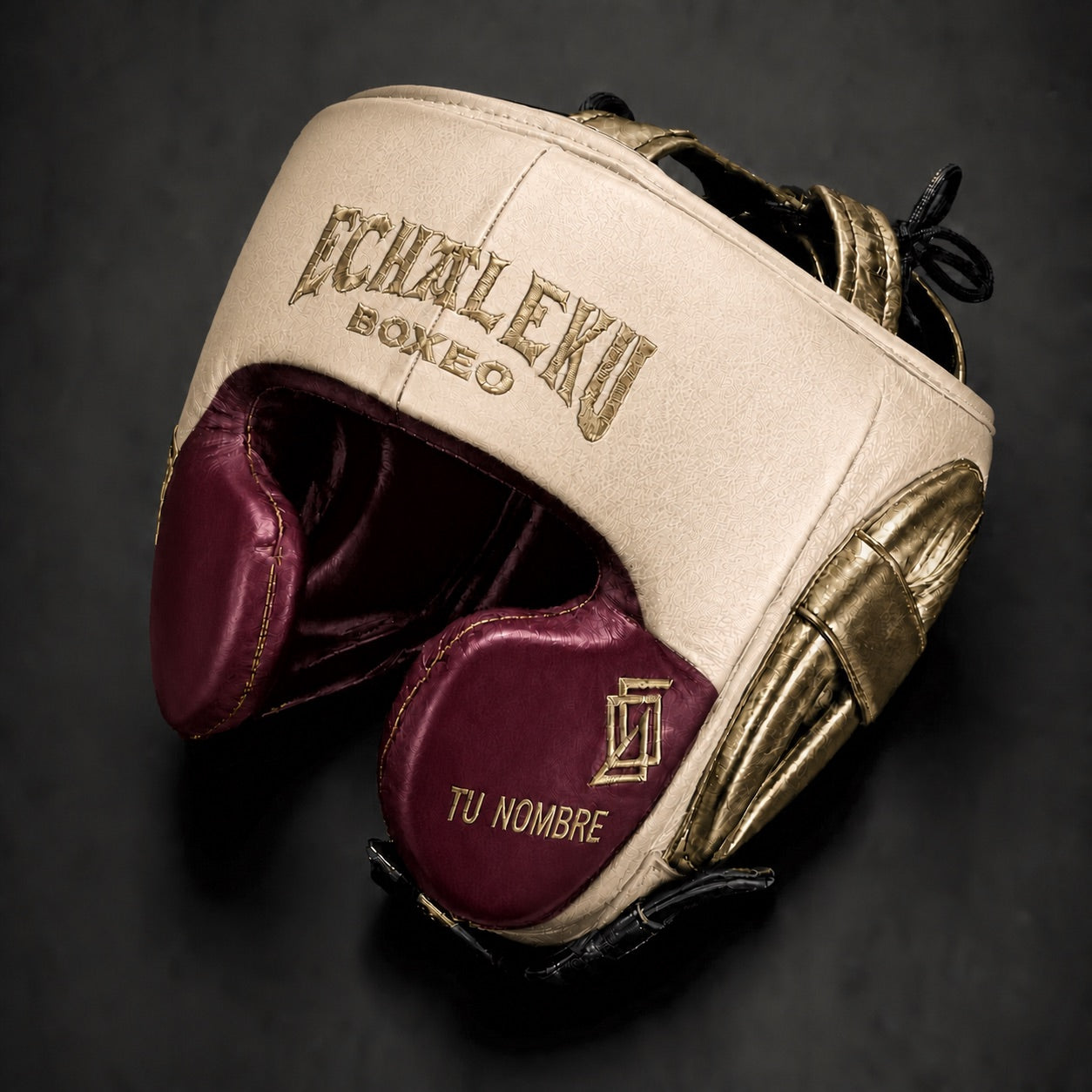 Casco de boxeo de pómulos personalizado Echaleku Boxeo marfil, burdeos y oro con TU NOMBRE