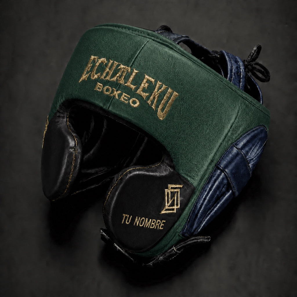 Casco de boxeo de pómulos personalizado Echaleku Boxeo verde esmeralda, negro y azul noche con TU NOMBRE