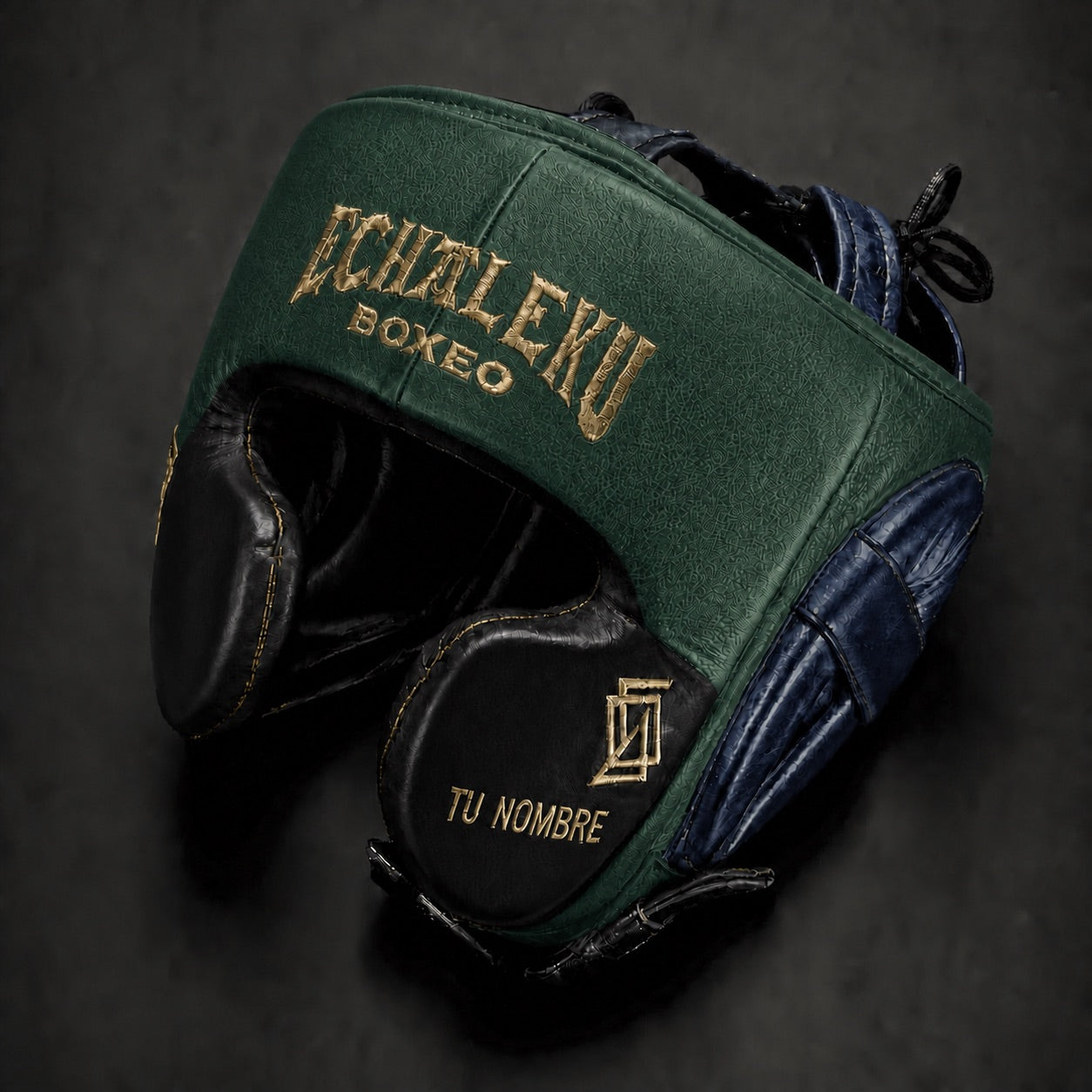Casco de boxeo de pómulos personalizado Echaleku Boxeo verde esmeralda, negro y azul noche con TU NOMBRE