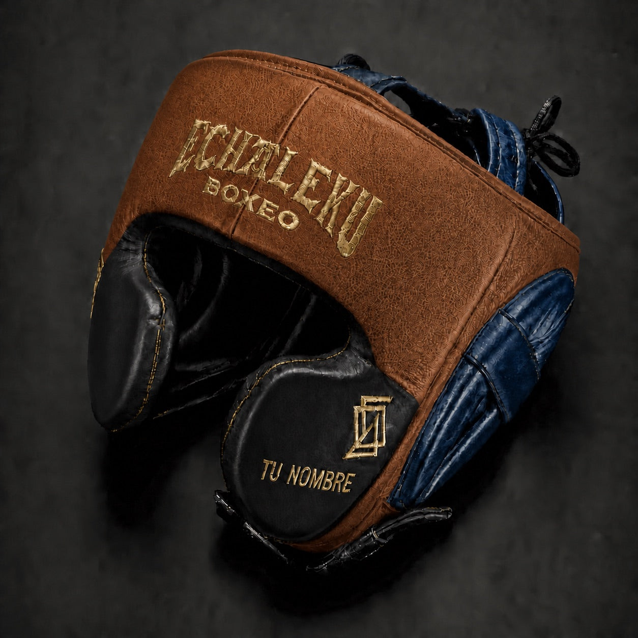 Casco de boxeo de pómulos personalizado Echaleku Boxeo coñac, negro y azul petróleo con TU NOMBRE